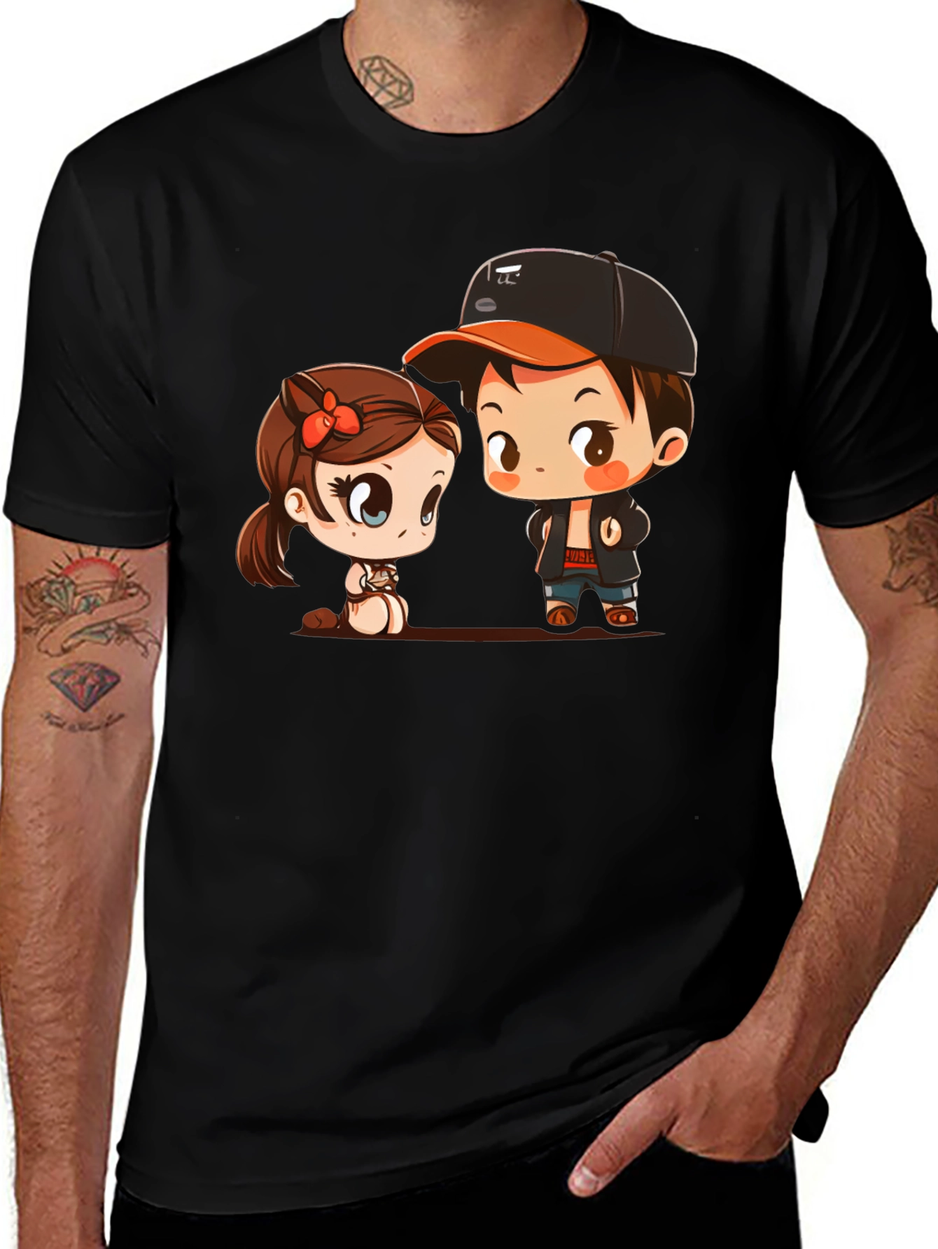 Black Cute Cartoon Couple Black T-Shirt main image