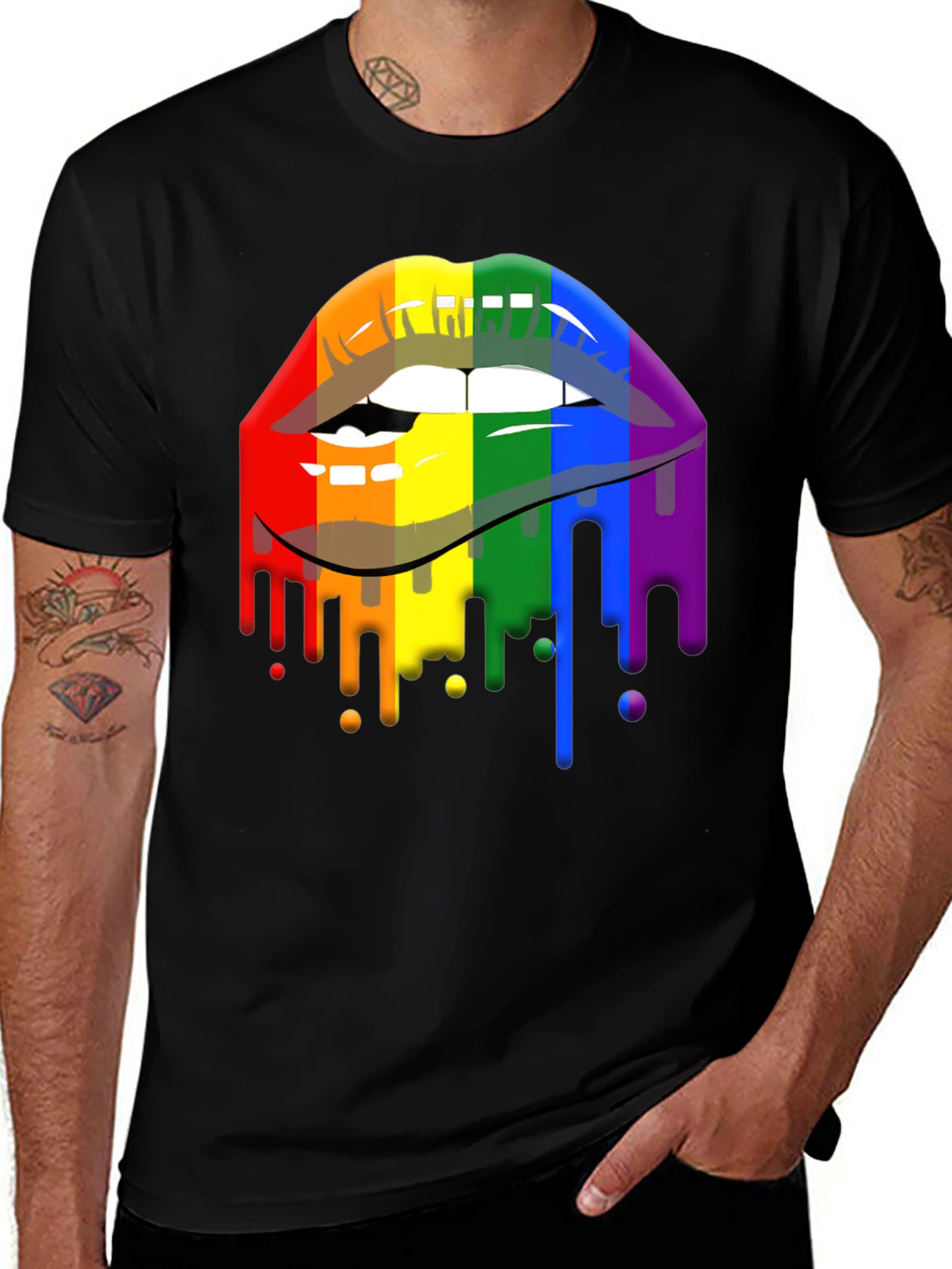Variant 23 of Pride Lips Graphic Tee - Rainbow Drip Design
