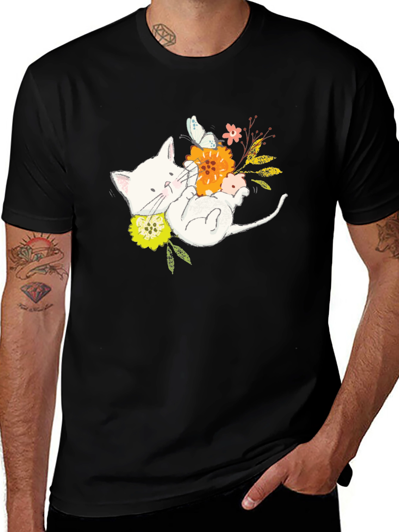 Variant 6 of Cute Kitten & Butterfly Graphic Tee - Black