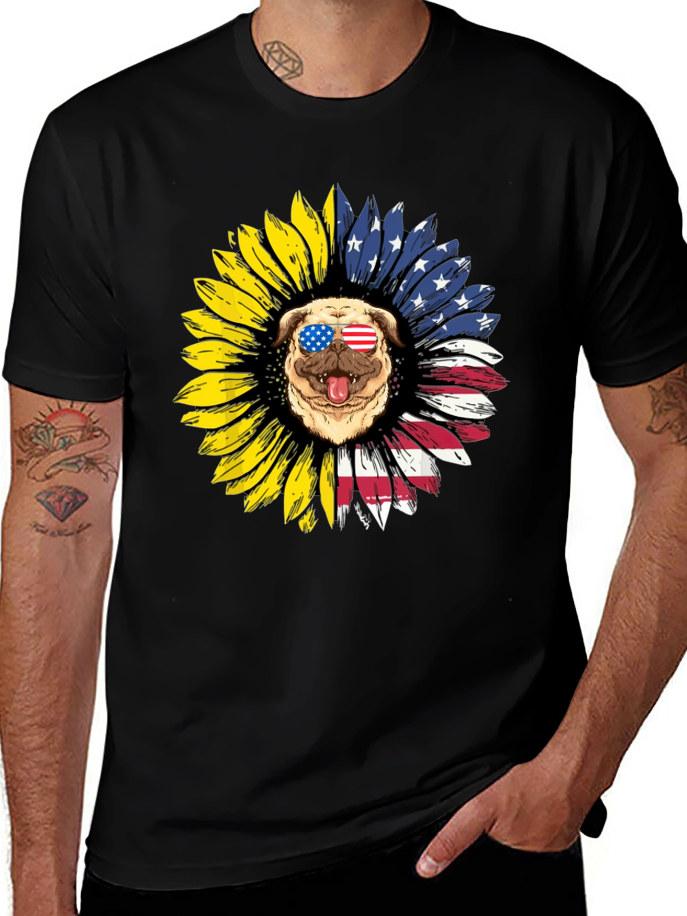Patriotic Pug Sunflower Graphic Tee