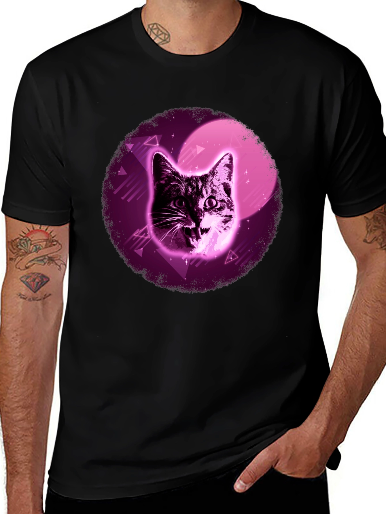 Variant 15 of Retro Cat T-Shirt - Black Cotton Blend