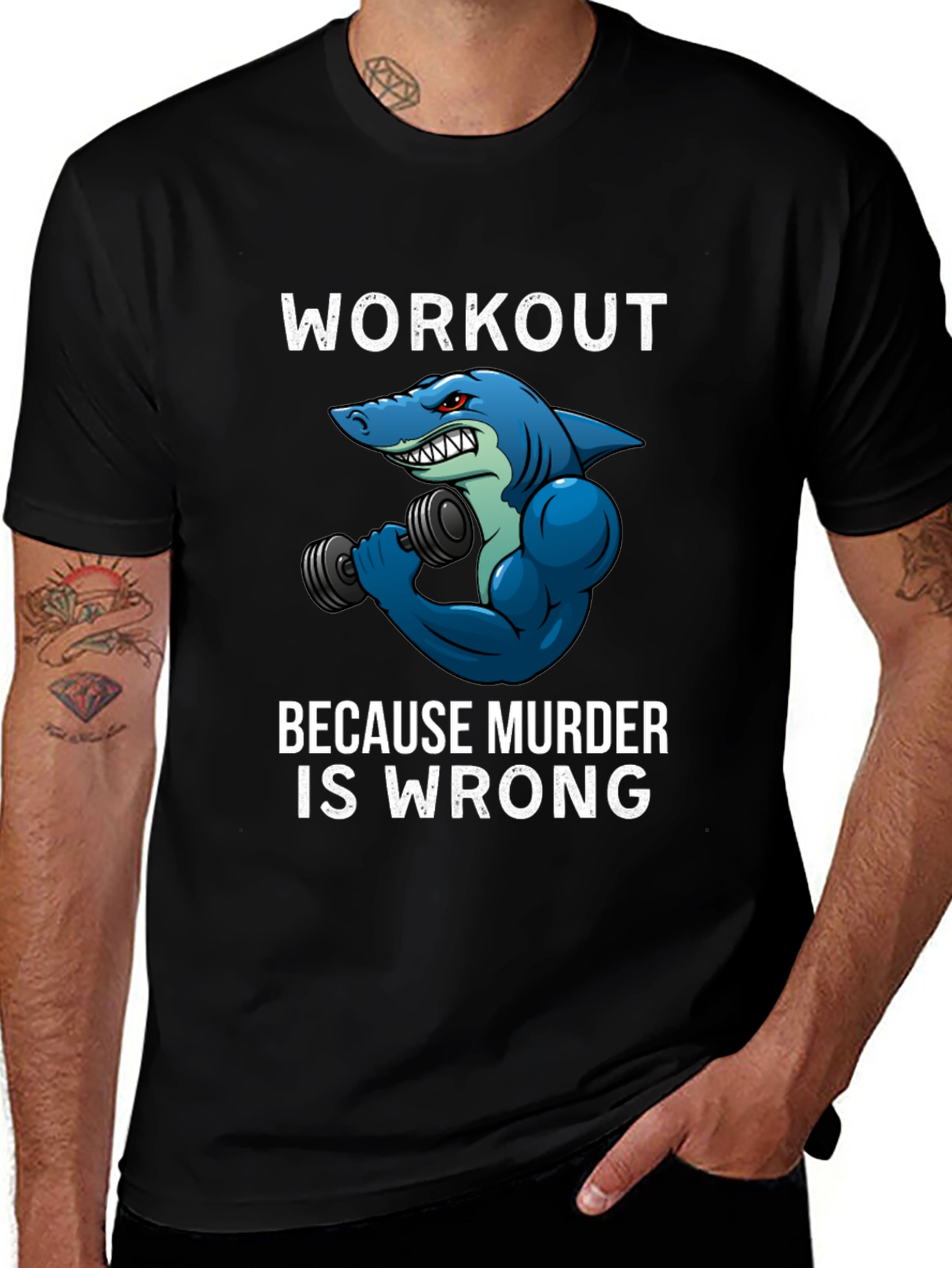 Variant 10 of Workout Shark T-Shirt: Murder is Wrong Funny Gym Tee