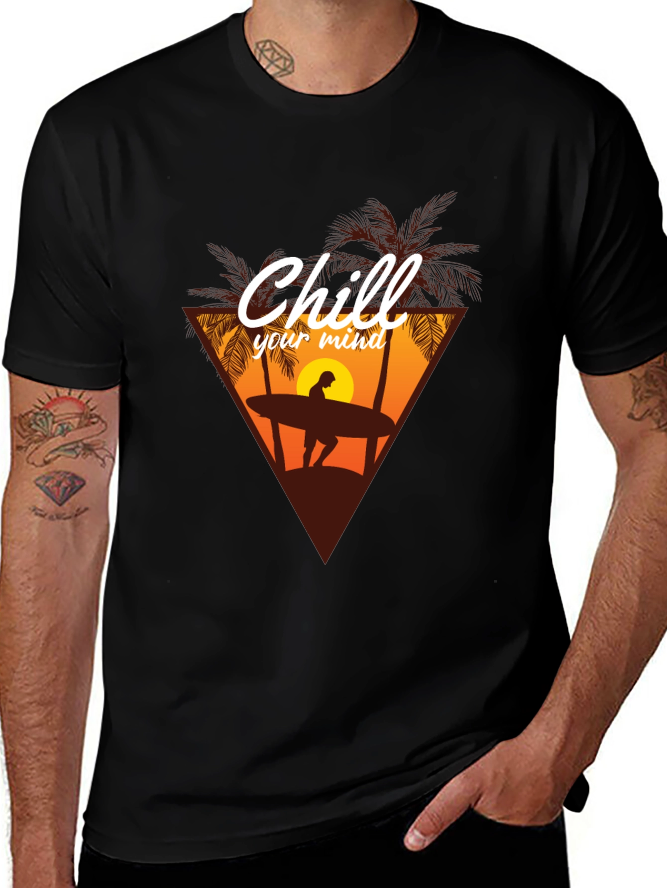 Variant 9 of Chill Your Mind Graphic Tee - Surf & Palm Design