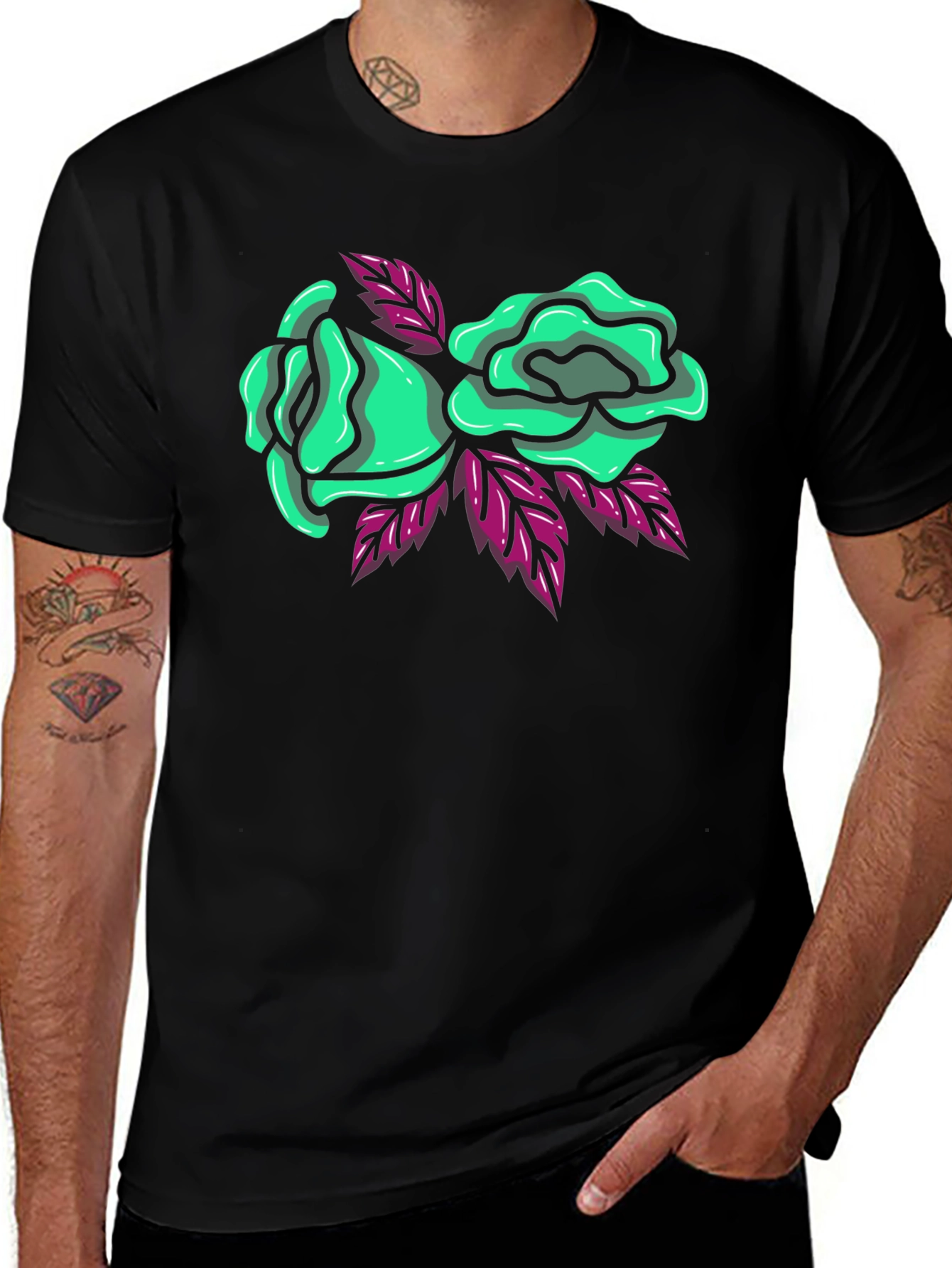 Variant 21 of Black T-Shirt with Green Roses Graphic Print