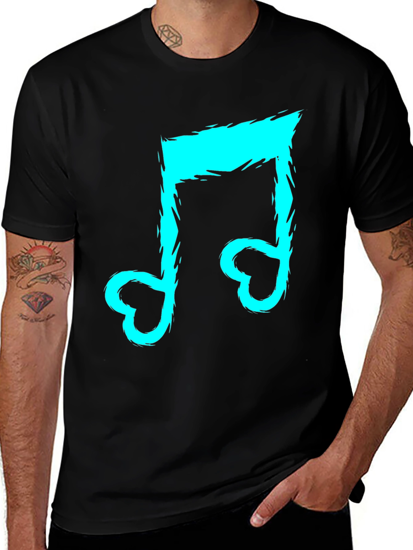 Variant 29 of Black T-Shirt with Cyan Music Note Design