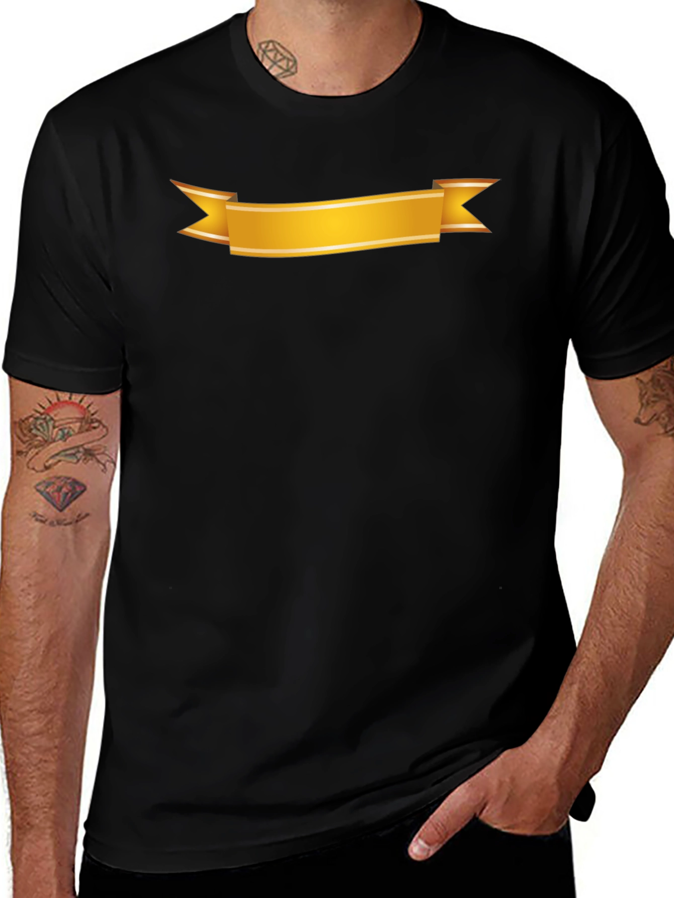 Variant 12 of Men's Black Tee with Gold Banner Design