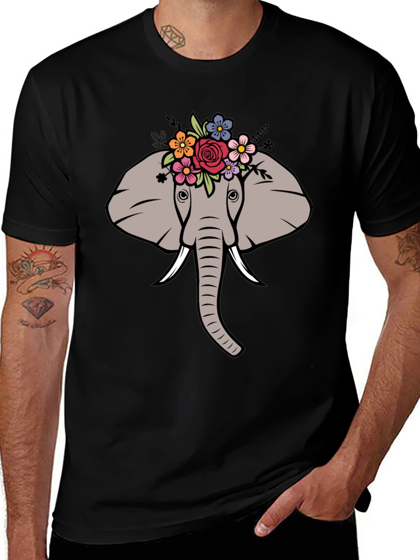 Black Floral Elephant Graphic Tee - Men's Black T-Shirt main image