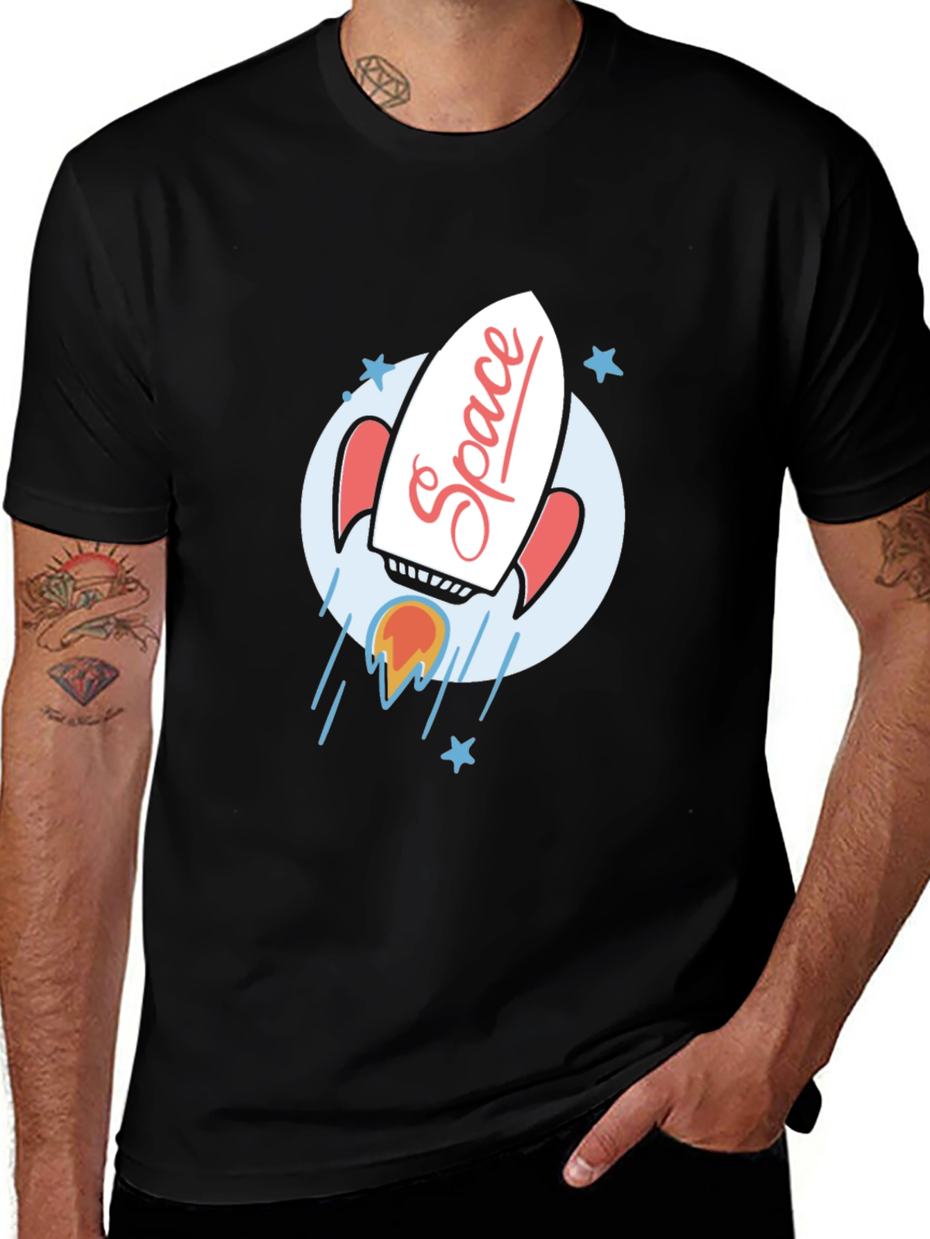 Variant 23 of Retro Space Rocket Black Graphic Tee