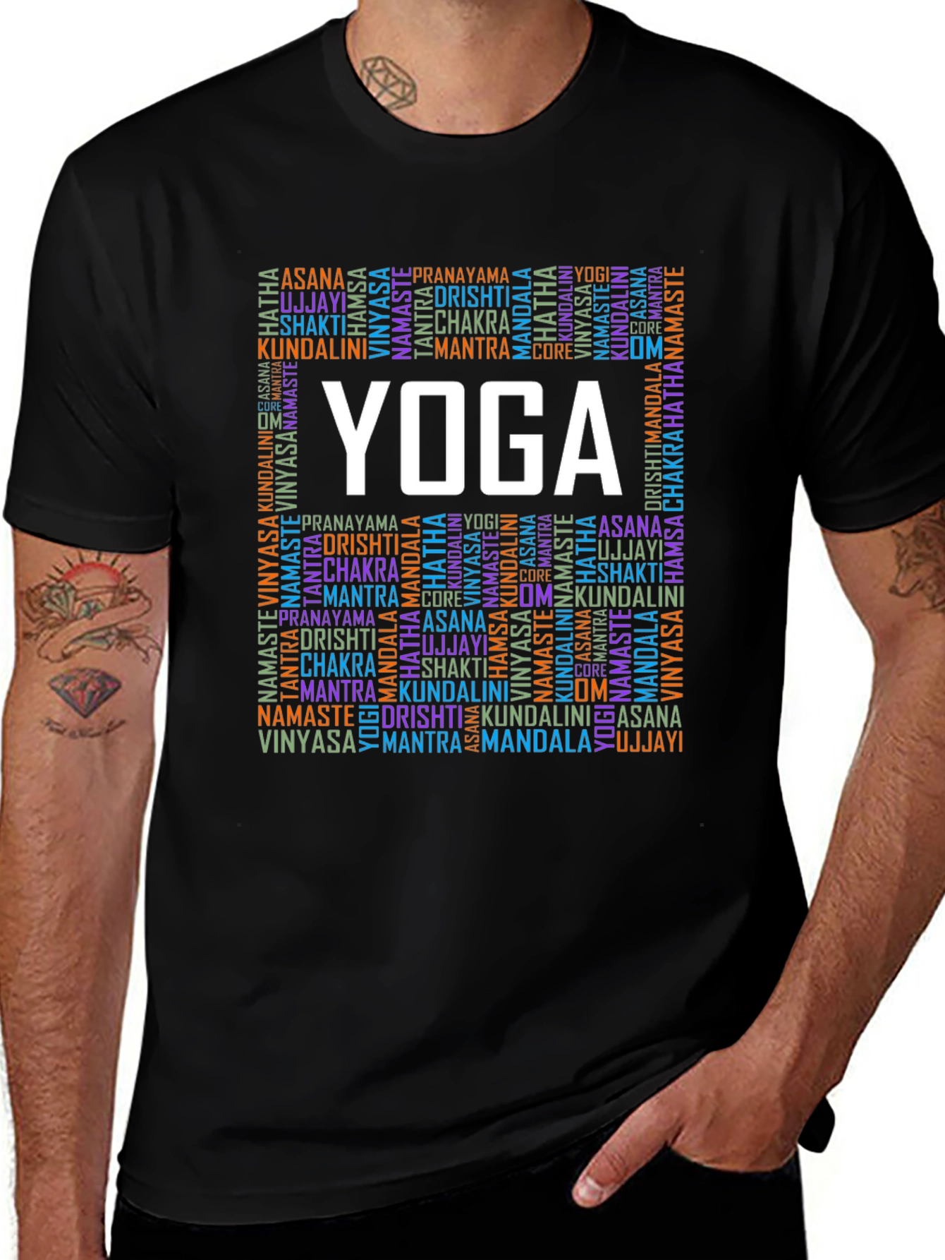 Black Yoga Word Art Graphic Tee - Asana Chakra Mantra Shirt main image