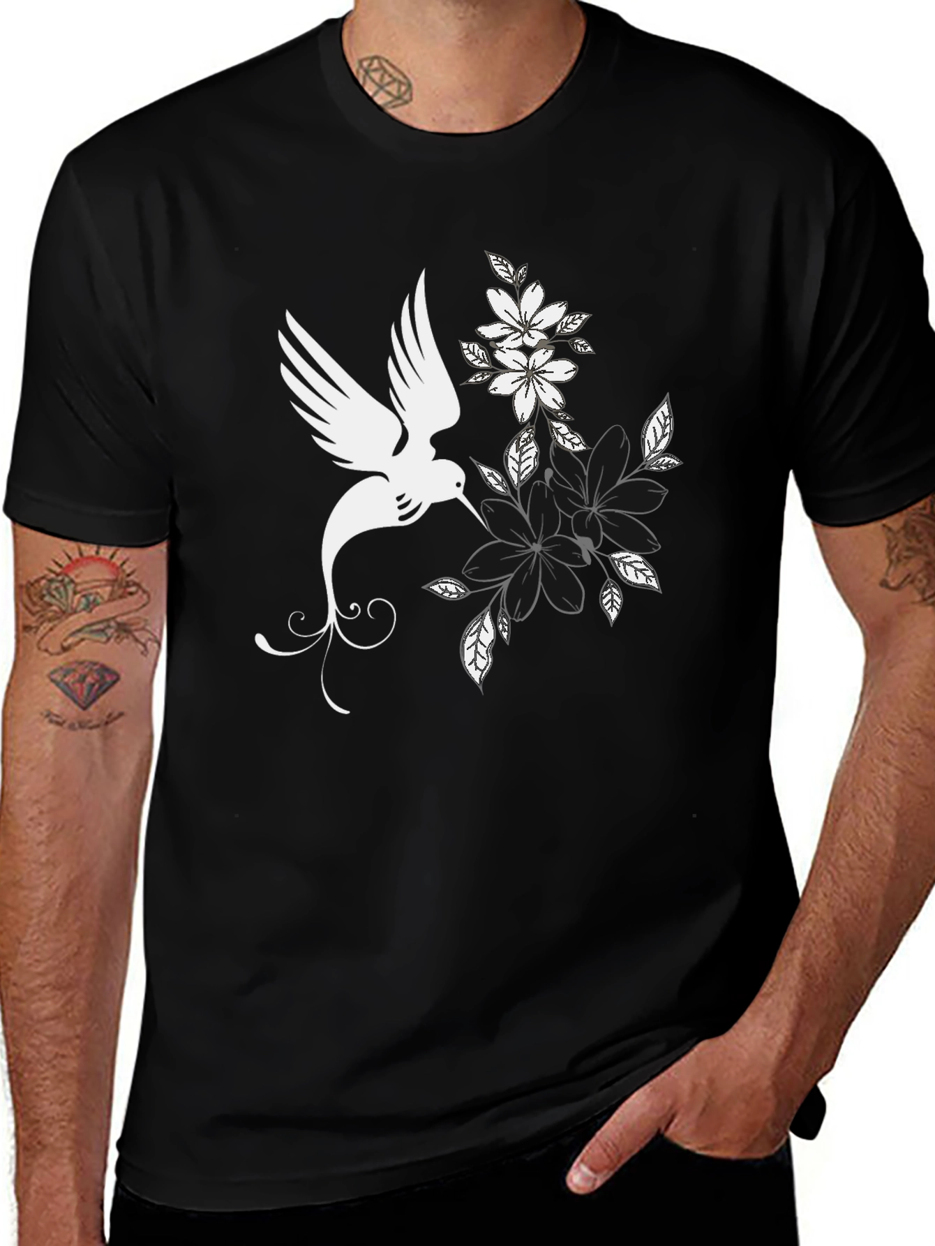 Variant 15 of Hummingbird Floral Graphic Tee - Black Cotton Blend Shirt