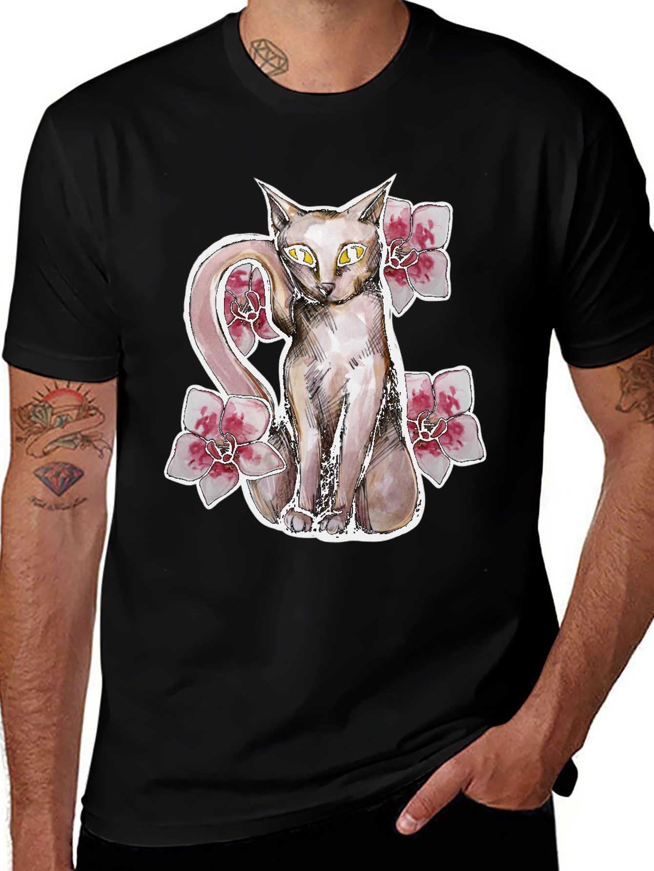 Variant 19 of Cat and Flowers Graphic Print Black T-Shirt