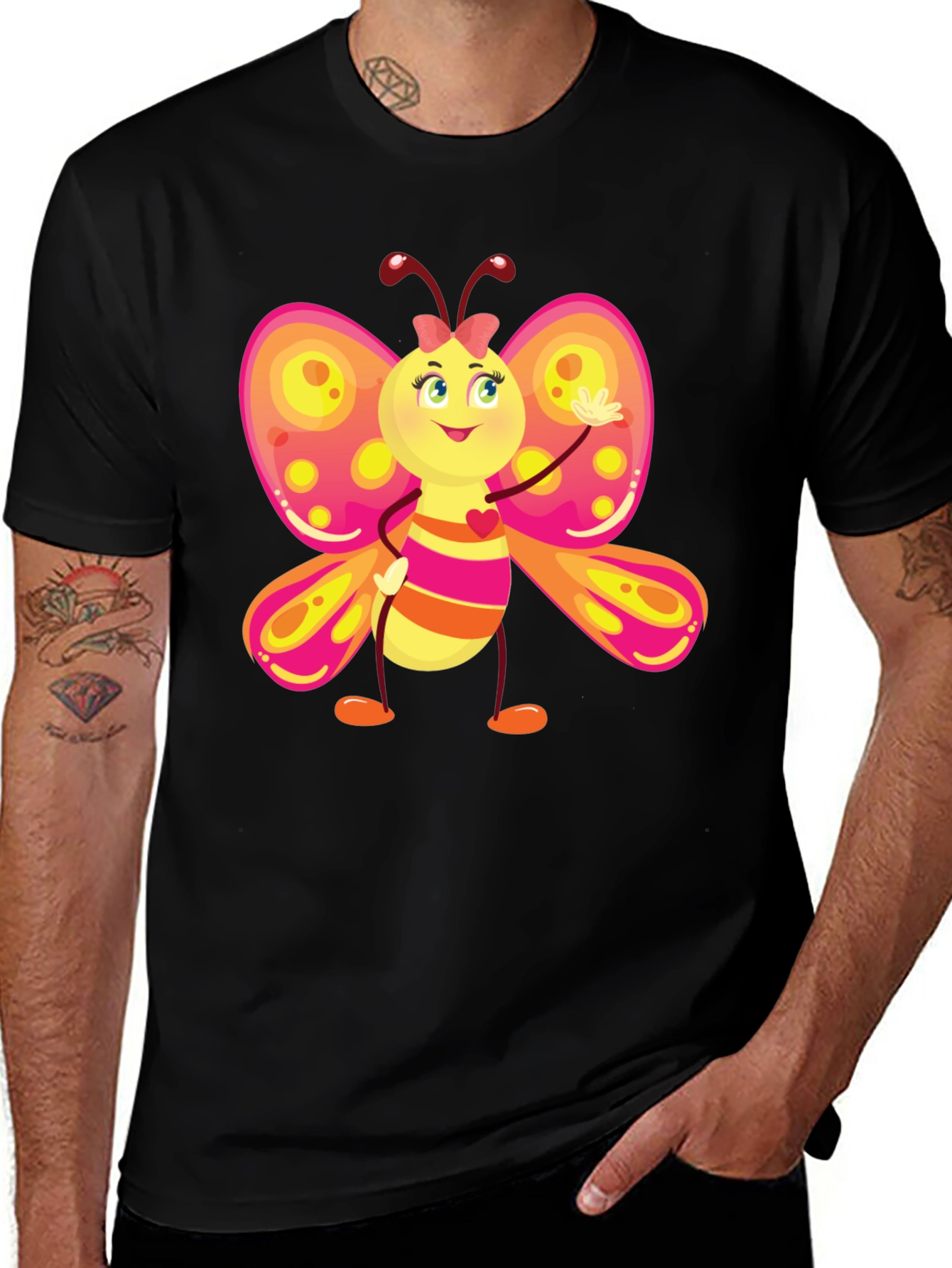Variant 4 of Cartoon Butterfly Graphic Black T-Shirt