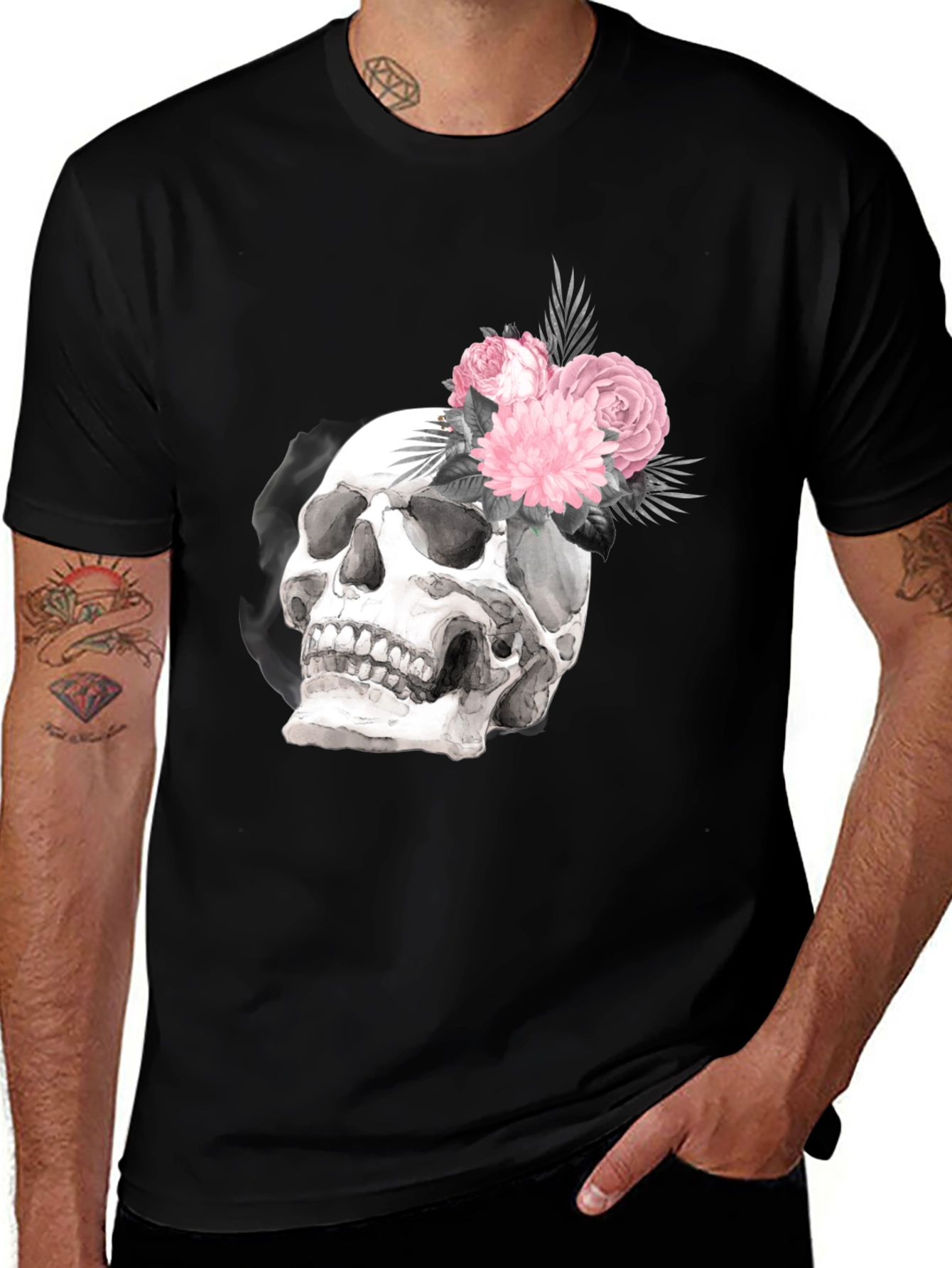 Variant 25 of Floral Skull Graphic Tee - Black