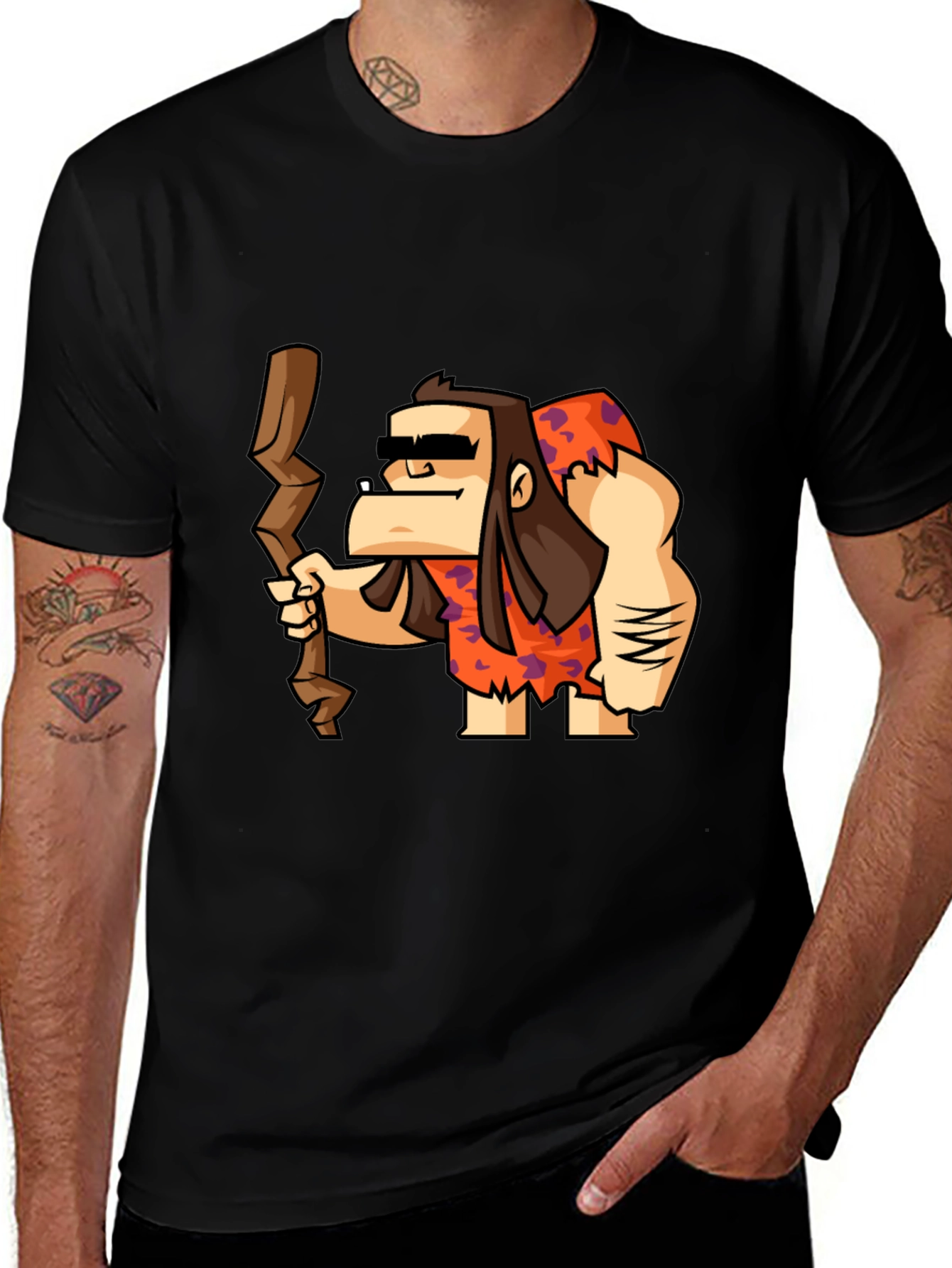 Variant 4 of Cartoon Caveman Graphic Tee - Black Cotton T-Shirt