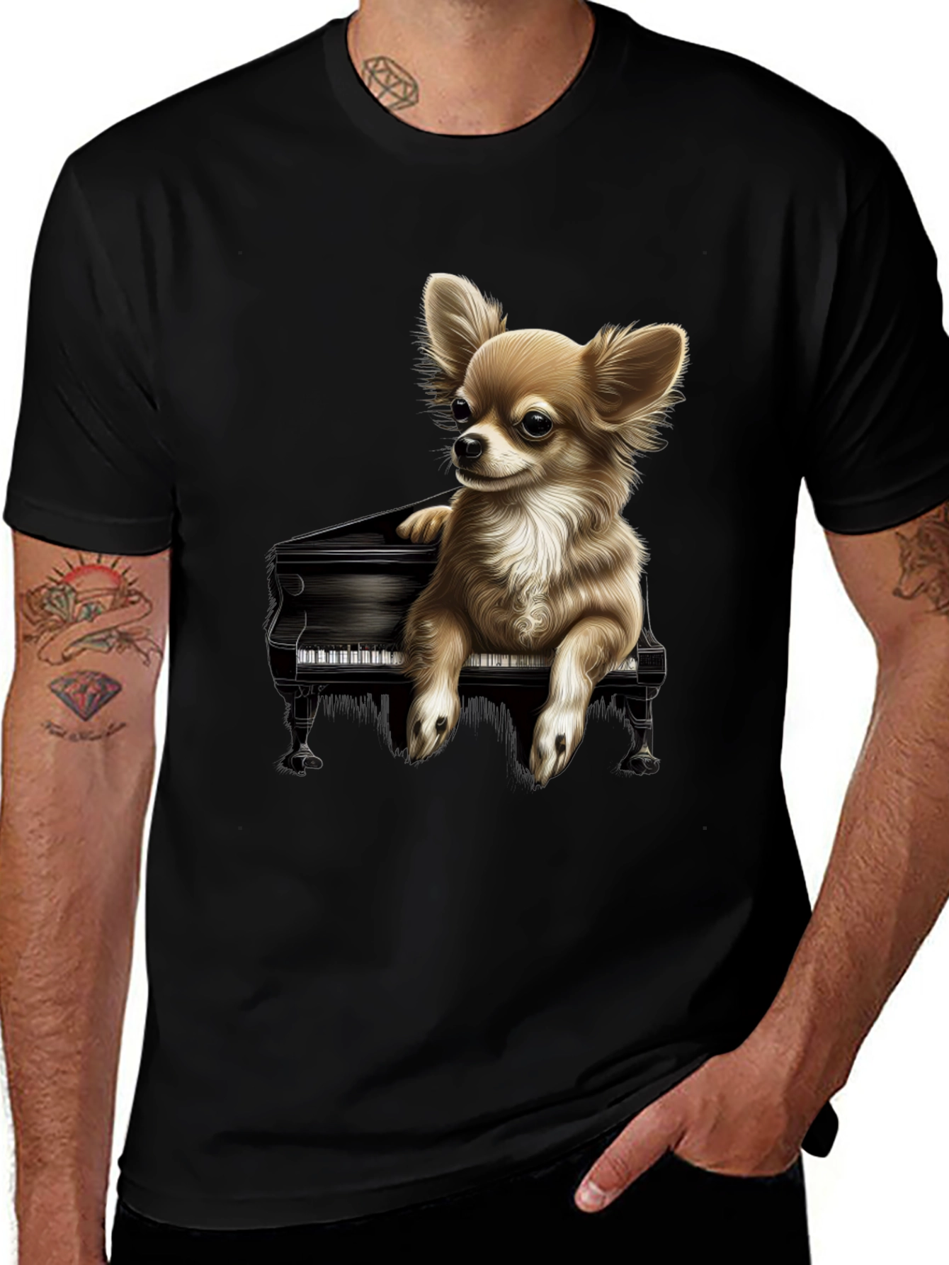 Variant 28 of Dog Playing Piano Graphic Tee - Black Cotton T-Shirt