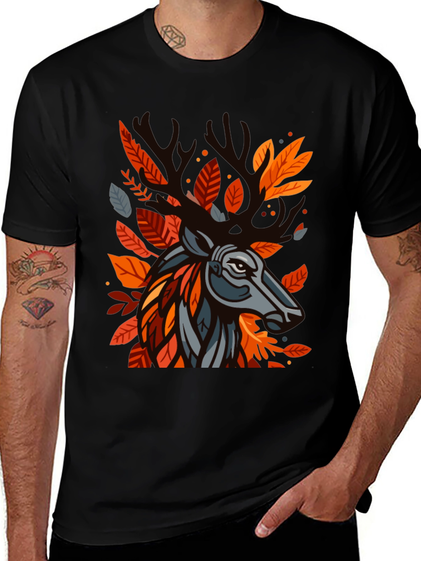 Variant 17 of Autumn Deer Graphic Tee - Stylish Men's Black T-Shirt