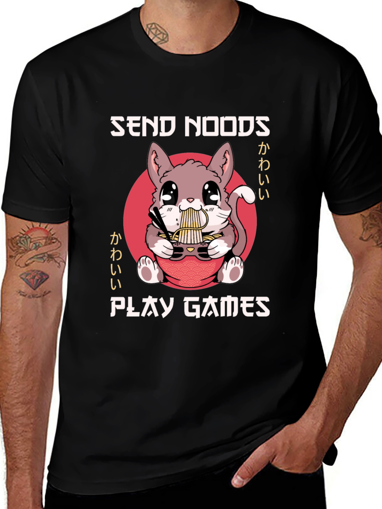 Variant 23 of Send Noods Play Games Cat Ramen Black T-Shirt