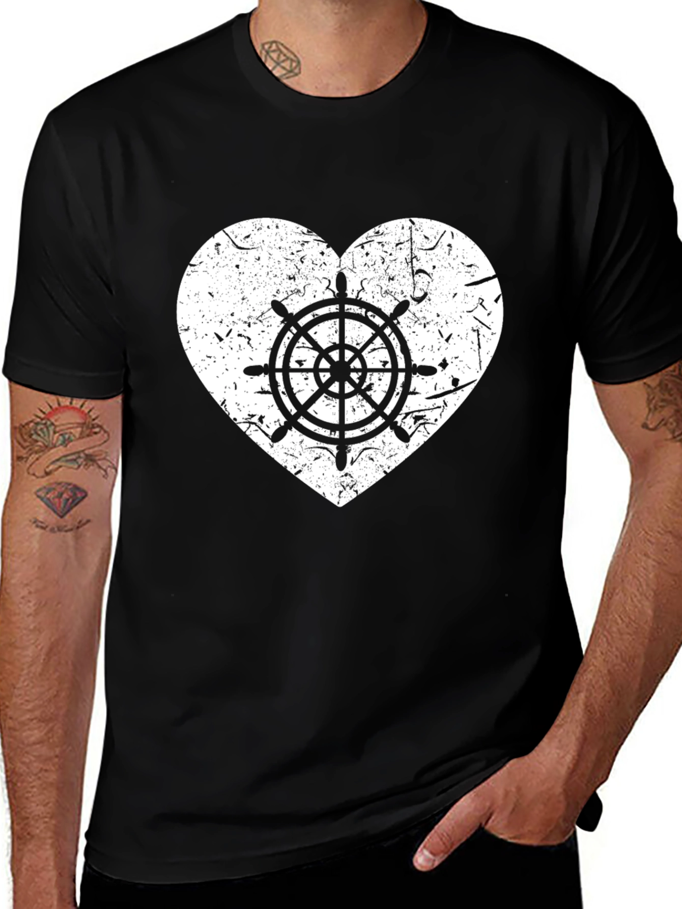 Variant 4 of Nautical Heart T-Shirt - Black, Ship Wheel Design