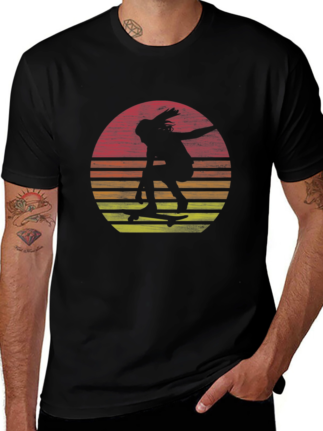 Retro Skateboarder Sunset Black Graphic T-Shirt