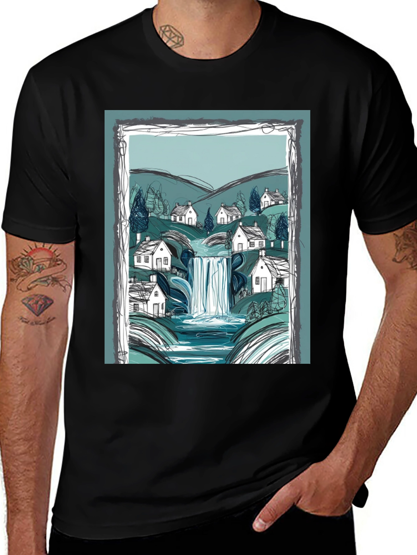 Variant 18 of Waterfall Village Graphic Tee - Black