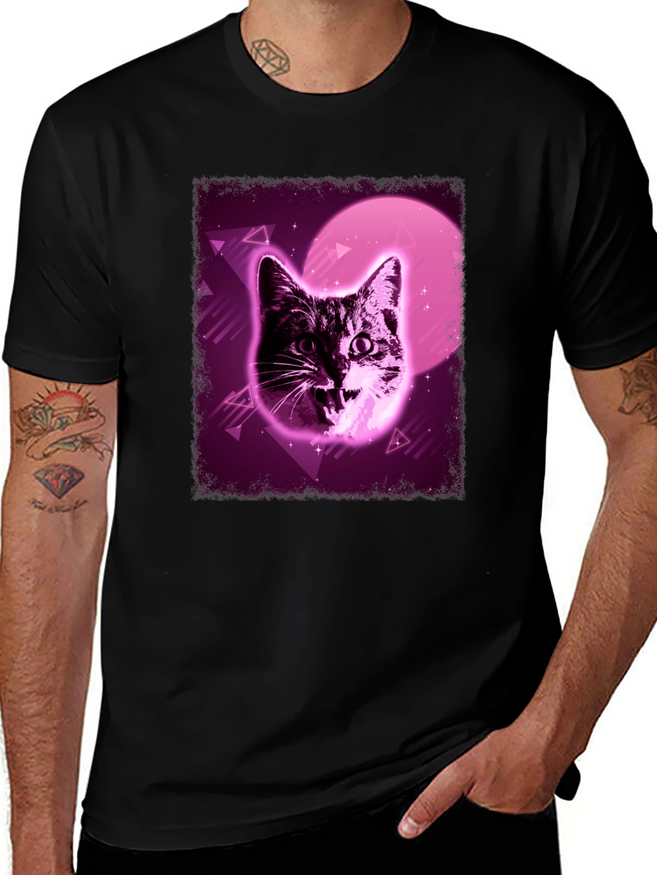 Black Retro Cat Graphic Tee - Vaporwave Style main image