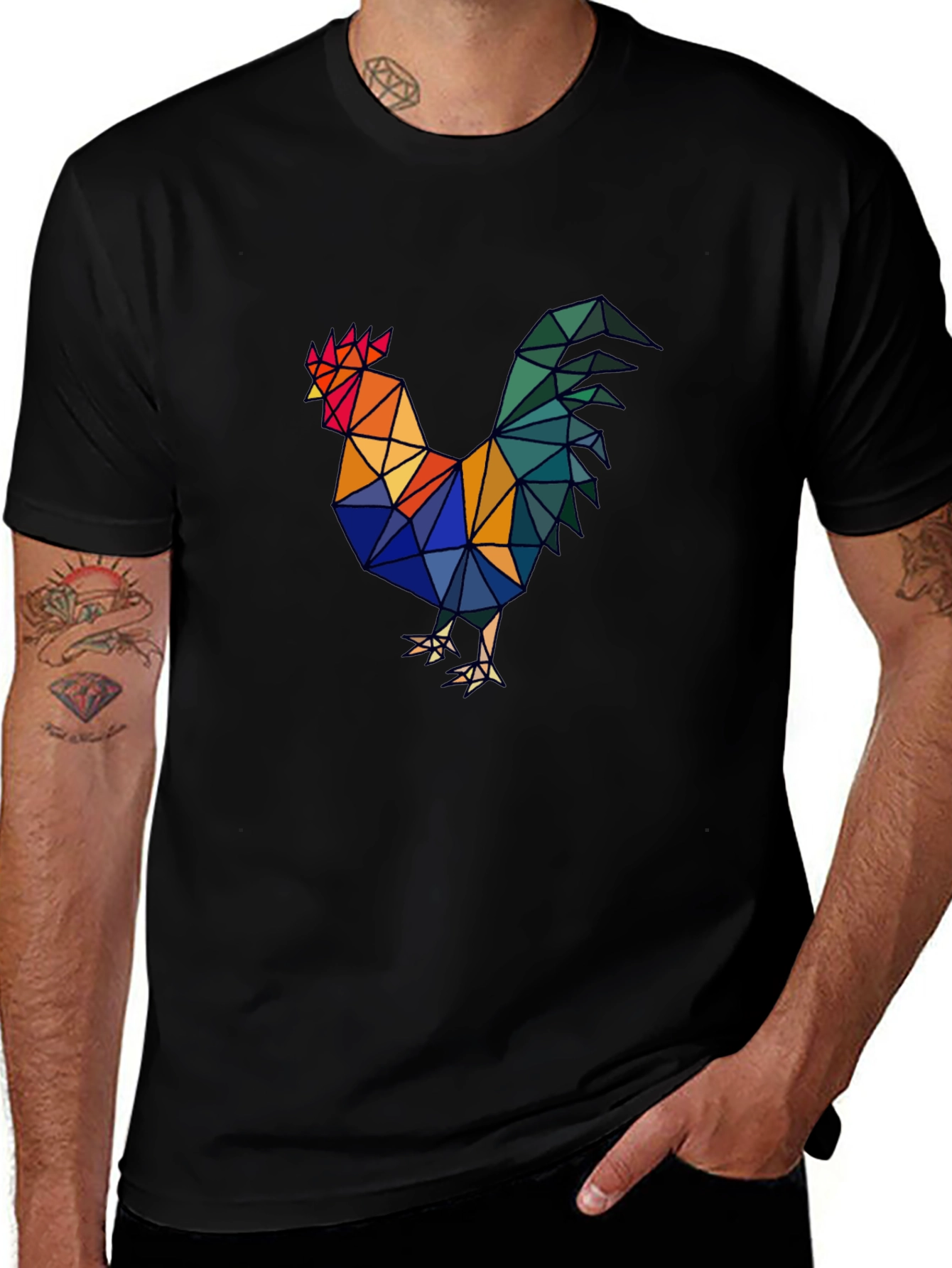 Variant 24 of Geometric Rooster Graphic Tee - Men's Black T-Shirt