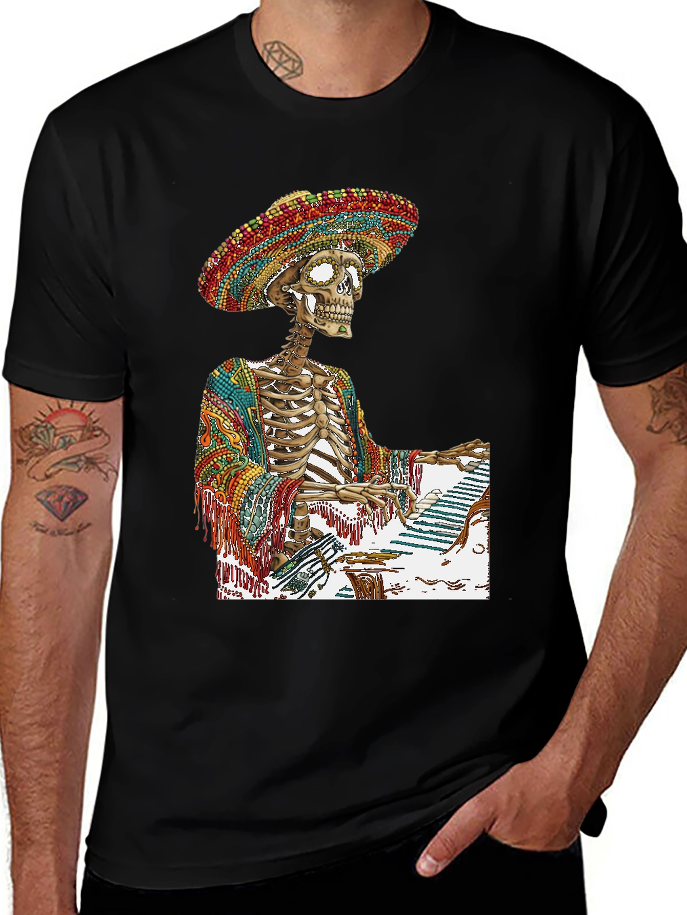 Variant 26 of Day of the Dead Skeleton Piano Player Graphic Tee