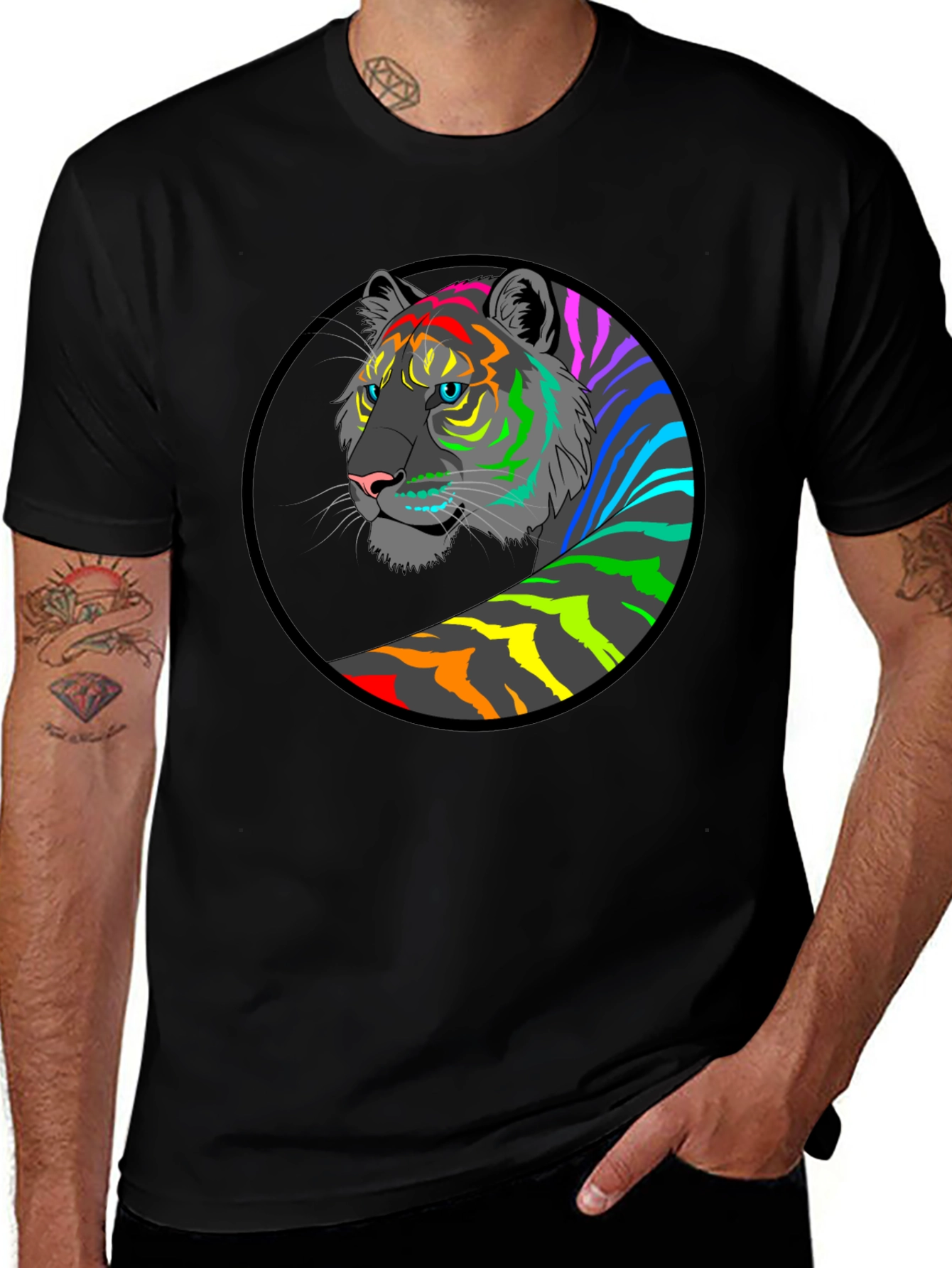 Variant 22 of Rainbow Tiger Graphic T-Shirt - Men's Black Tee