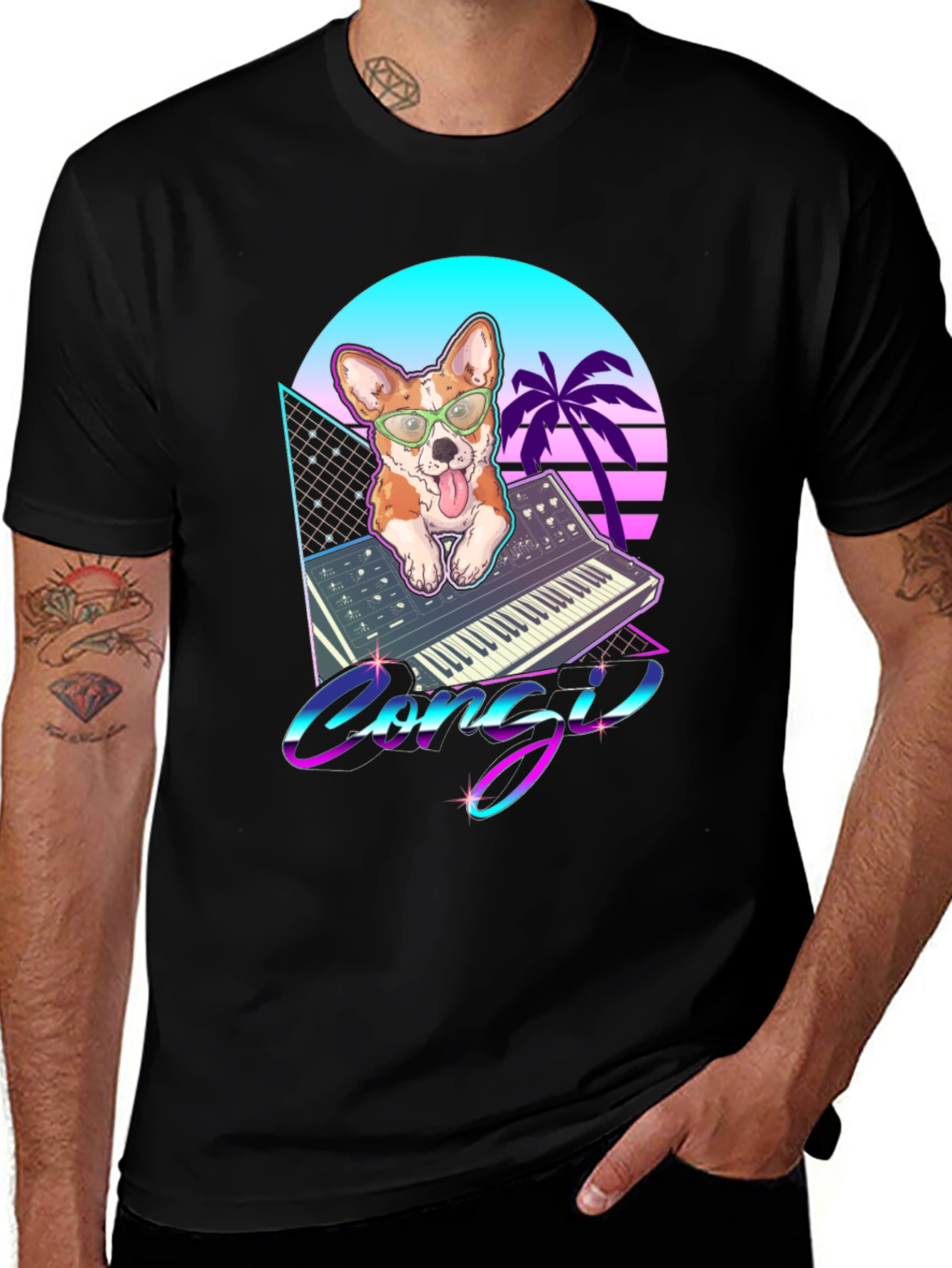 Black Retro Corgi Synthwave Graphic T-Shirt main image