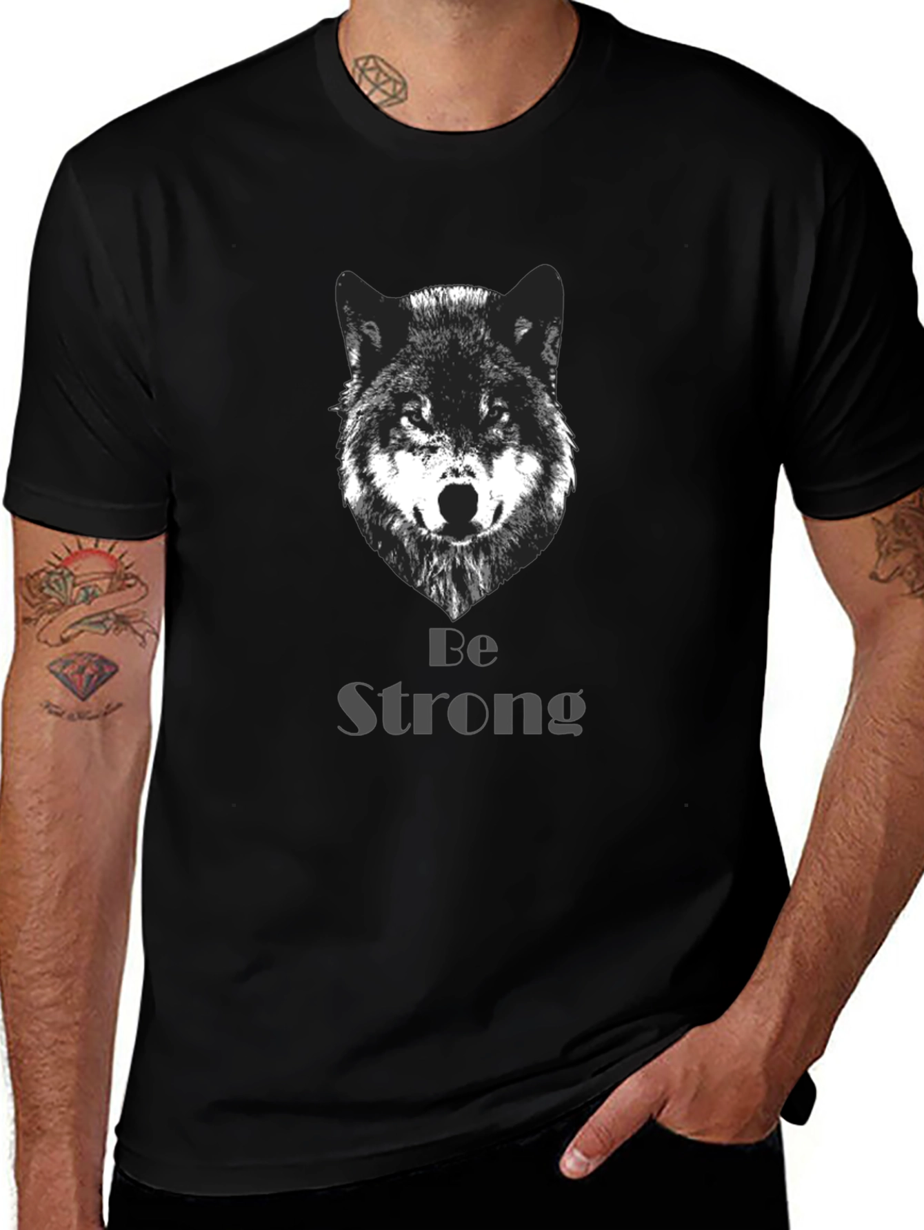 Variant 3 of Be Strong Wolf Graphic Black T-Shirt