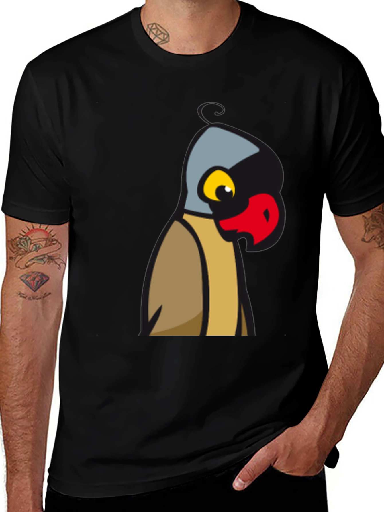 Unique Cartoon Bird Graphic Tee - Black