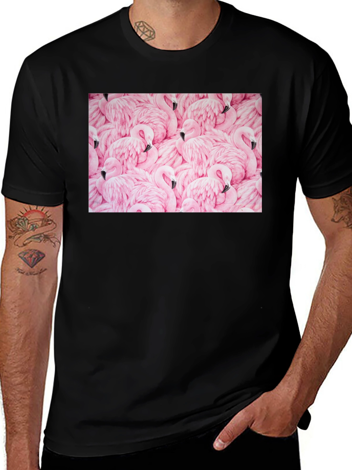 Variant 6 of Flamingo Pattern Black Cotton T-Shirt