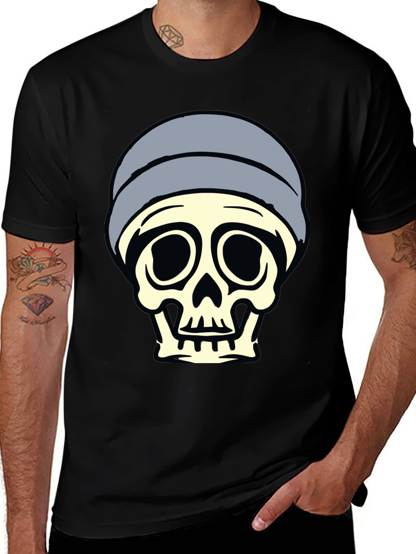 Variant 13 of Skull with Beanie Graphic T-Shirt - Black
