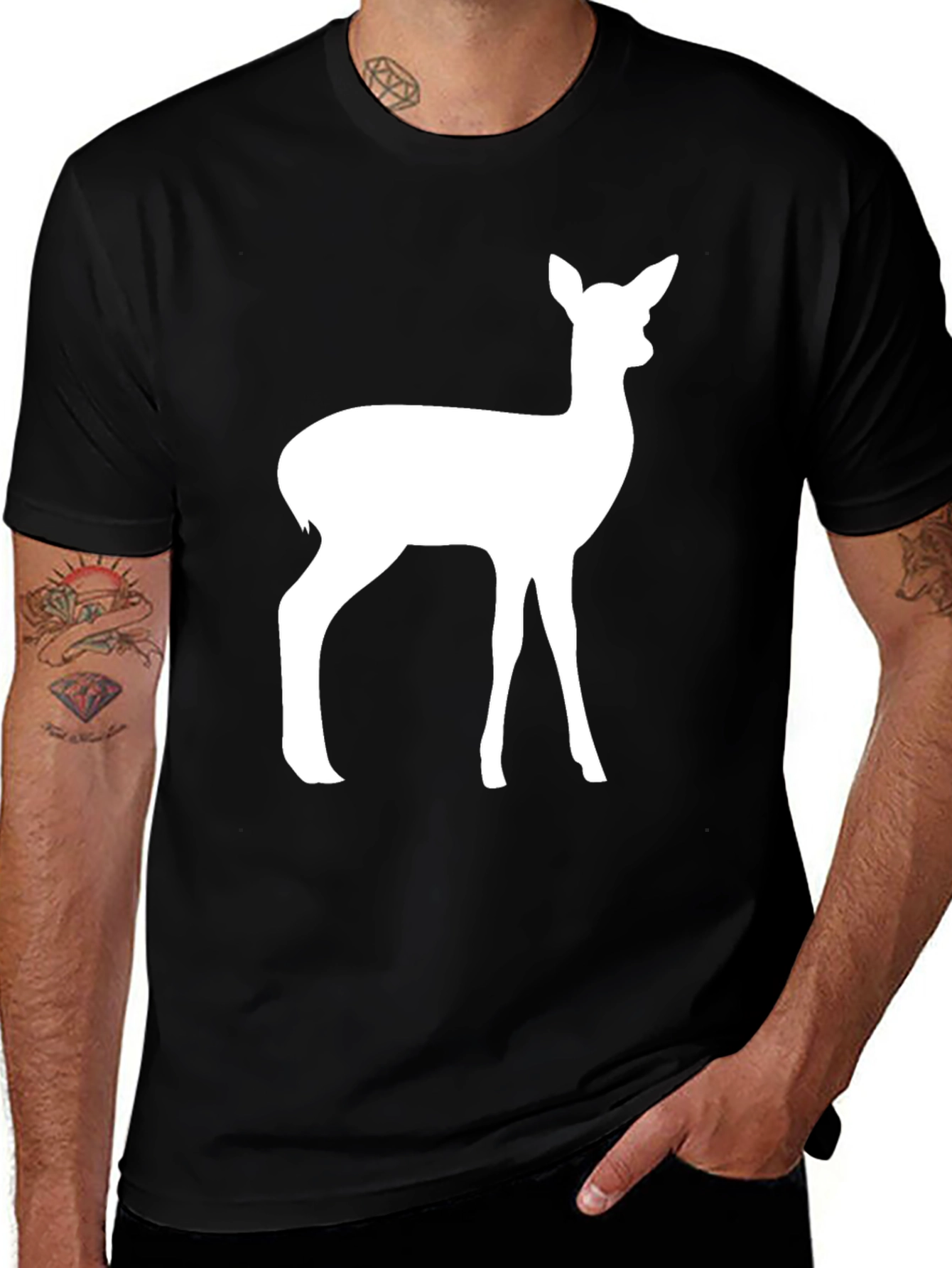 Variant 23 of Black Tee with White Deer Silhouette