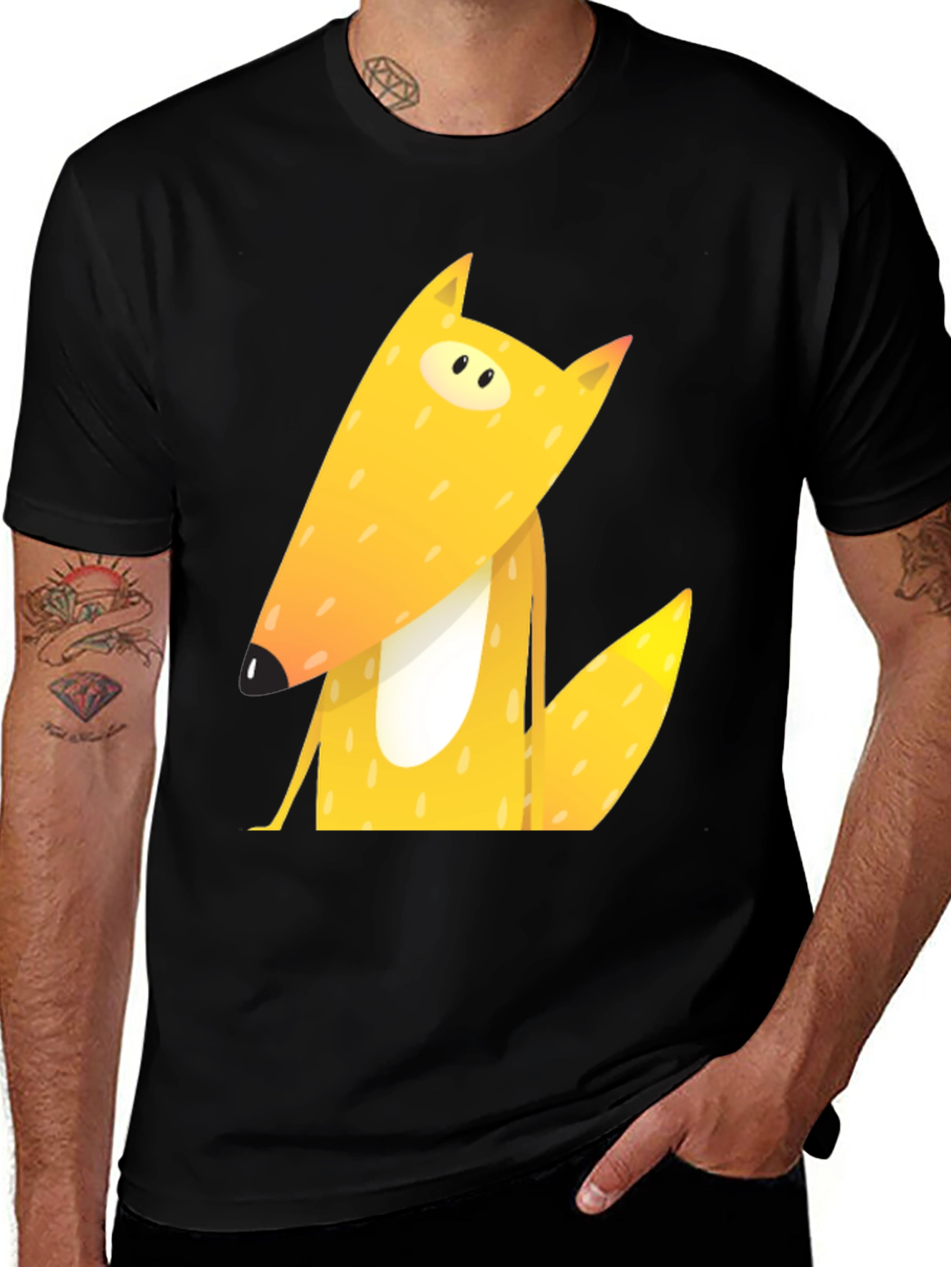 Black Cartoon Fox Graphic Tee - Black Cotton T-Shirt main image