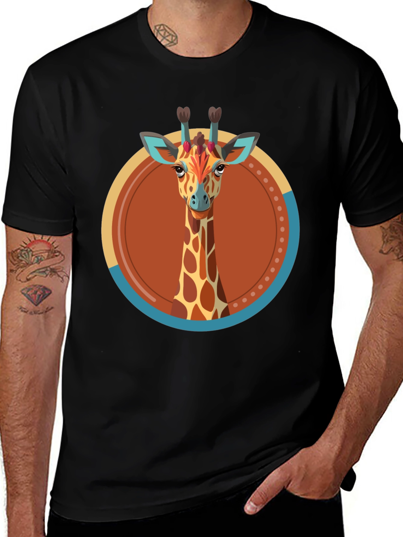 Variant 3 of Giraffe Graphic Tee - Unique Animal Design, Black Cotton Shirt