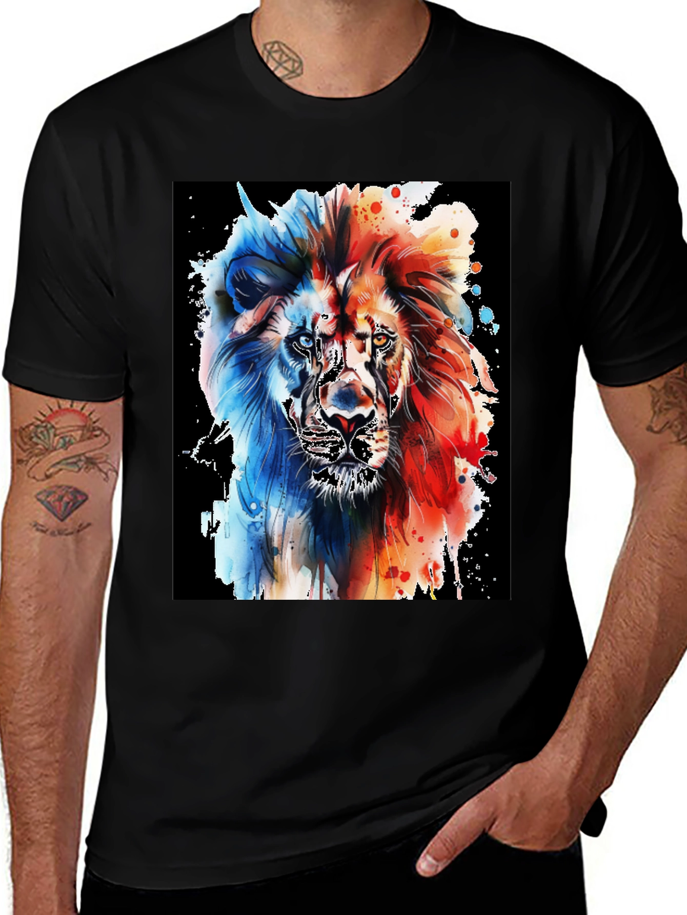 Variant 22 of Lion Watercolor Graphic Tee - Black Cotton T-Shirt