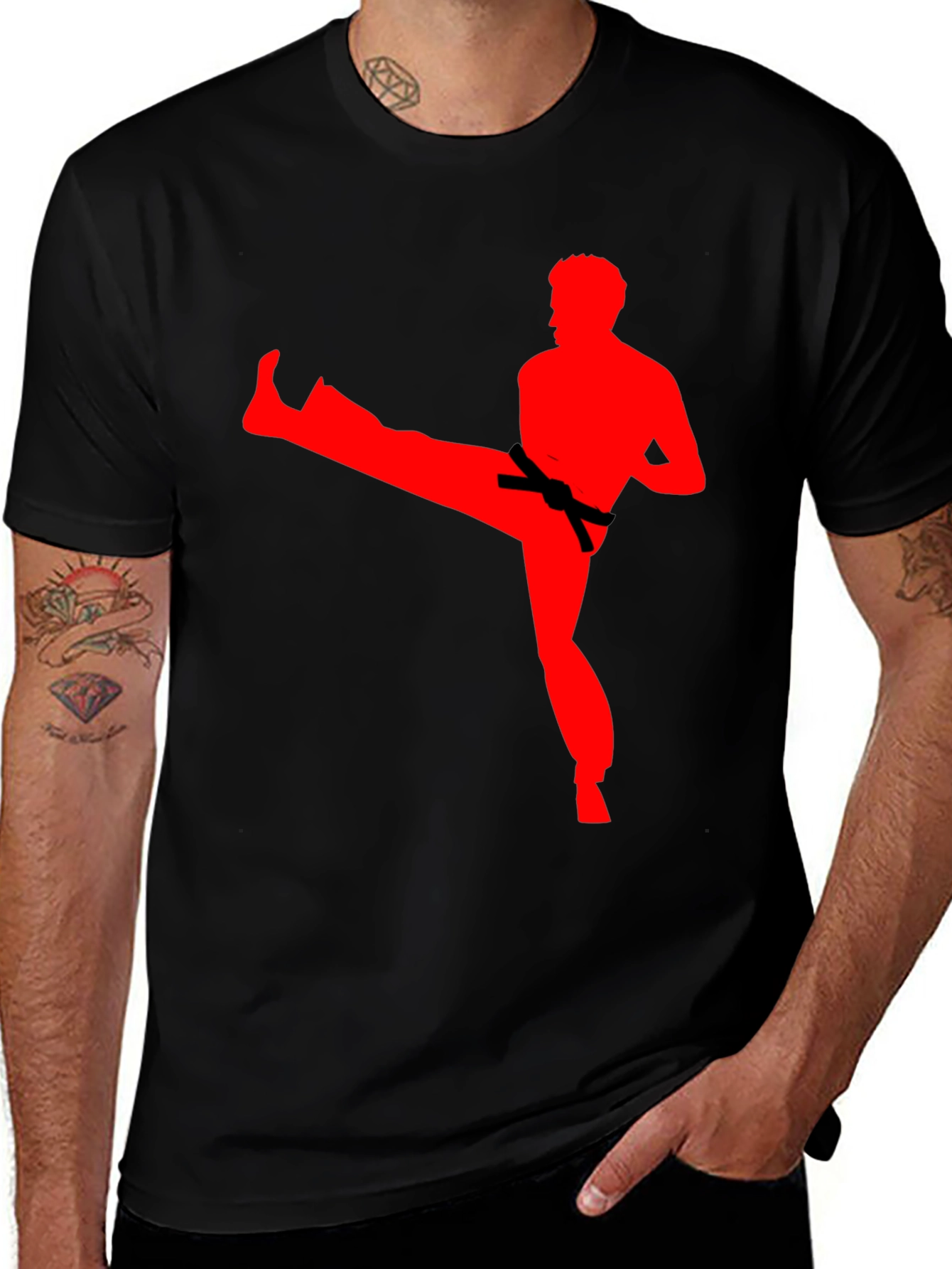 Martial Arts Kick Graphic Tee - Black Cotton T-Shirt