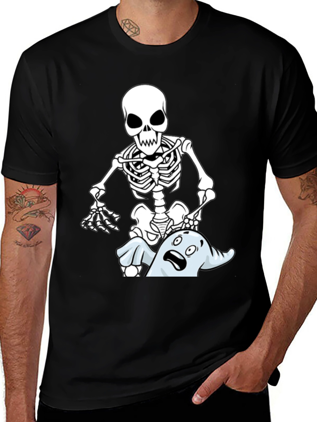 Variant 3 of Funny Skeleton & Ghost Graphic T-Shirt - Black