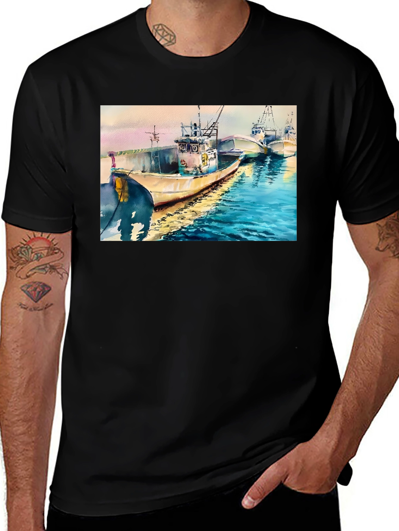 Variant 9 of Watercolor Boat Graphic Tee - Black Cotton T-Shirt