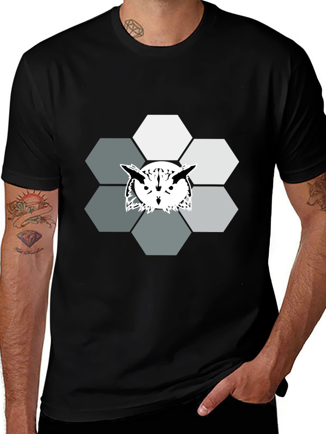 Variant 13 of Geometric Owl Graphic Print Tee - Cool Hexagon Design