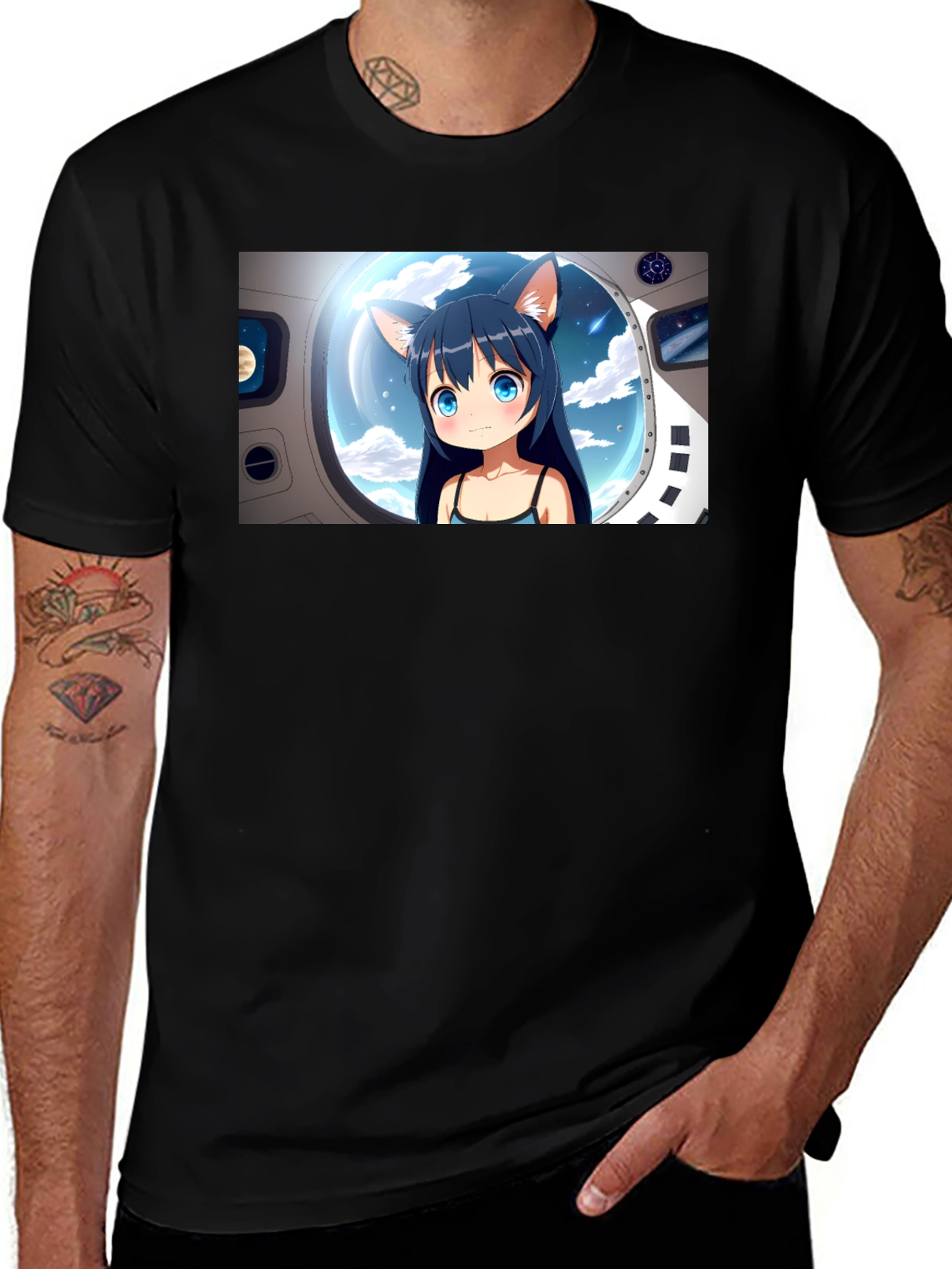 Variant 22 of Anime Cat Girl in Space Black T-Shirt