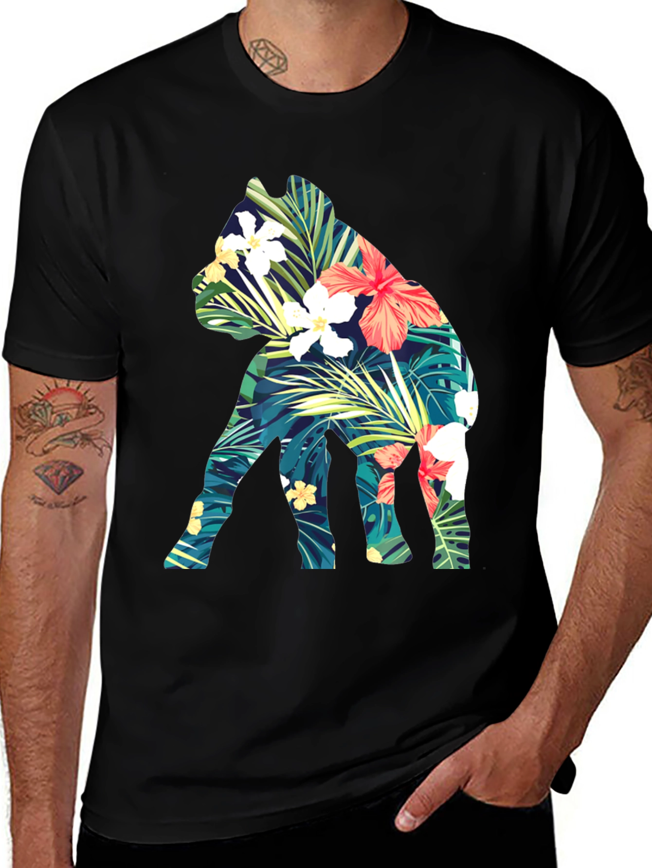 Variant 2 of Floral Dog Print Black T-Shirt