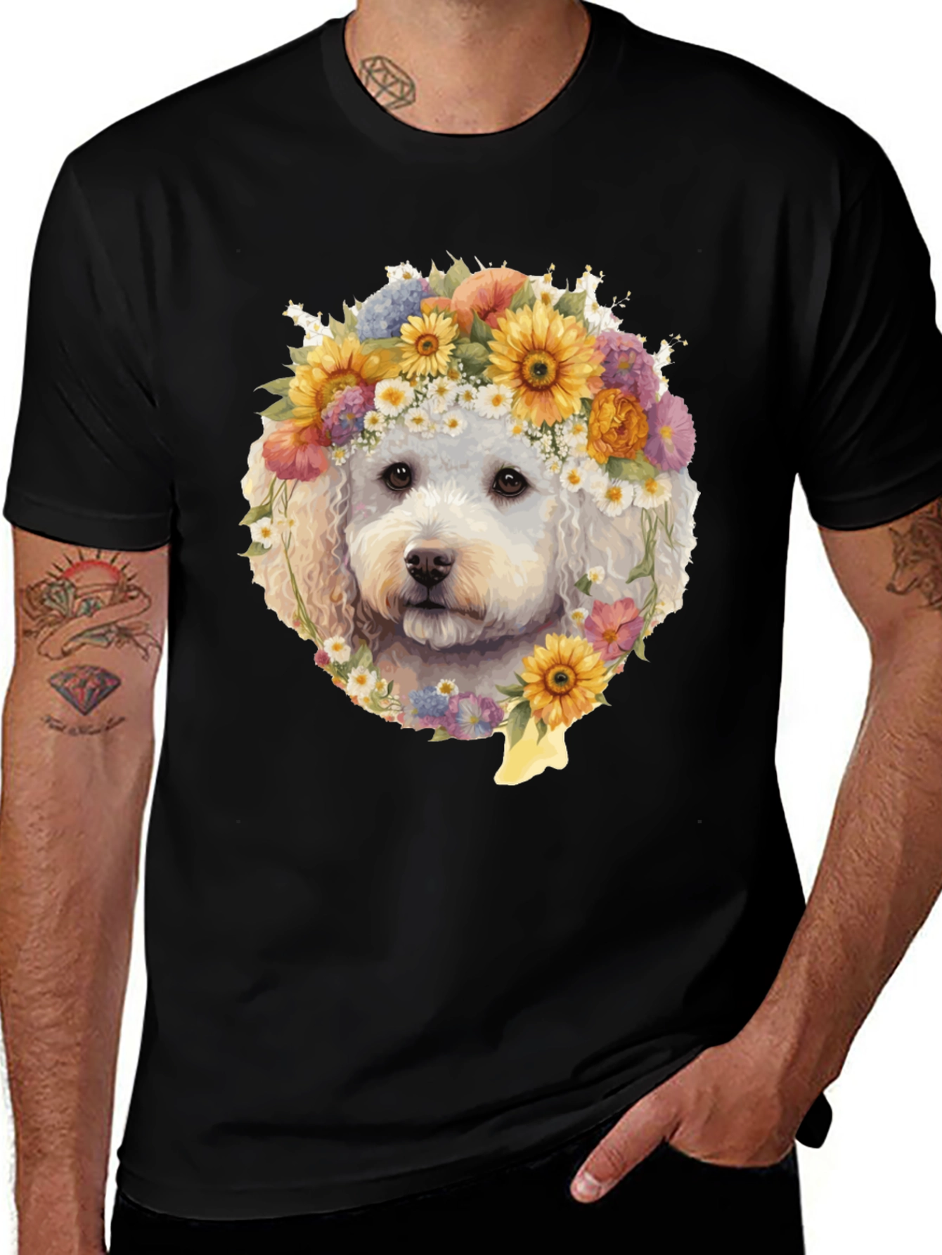 Variant 10 of Dog With Flower Crown Black T-Shirt