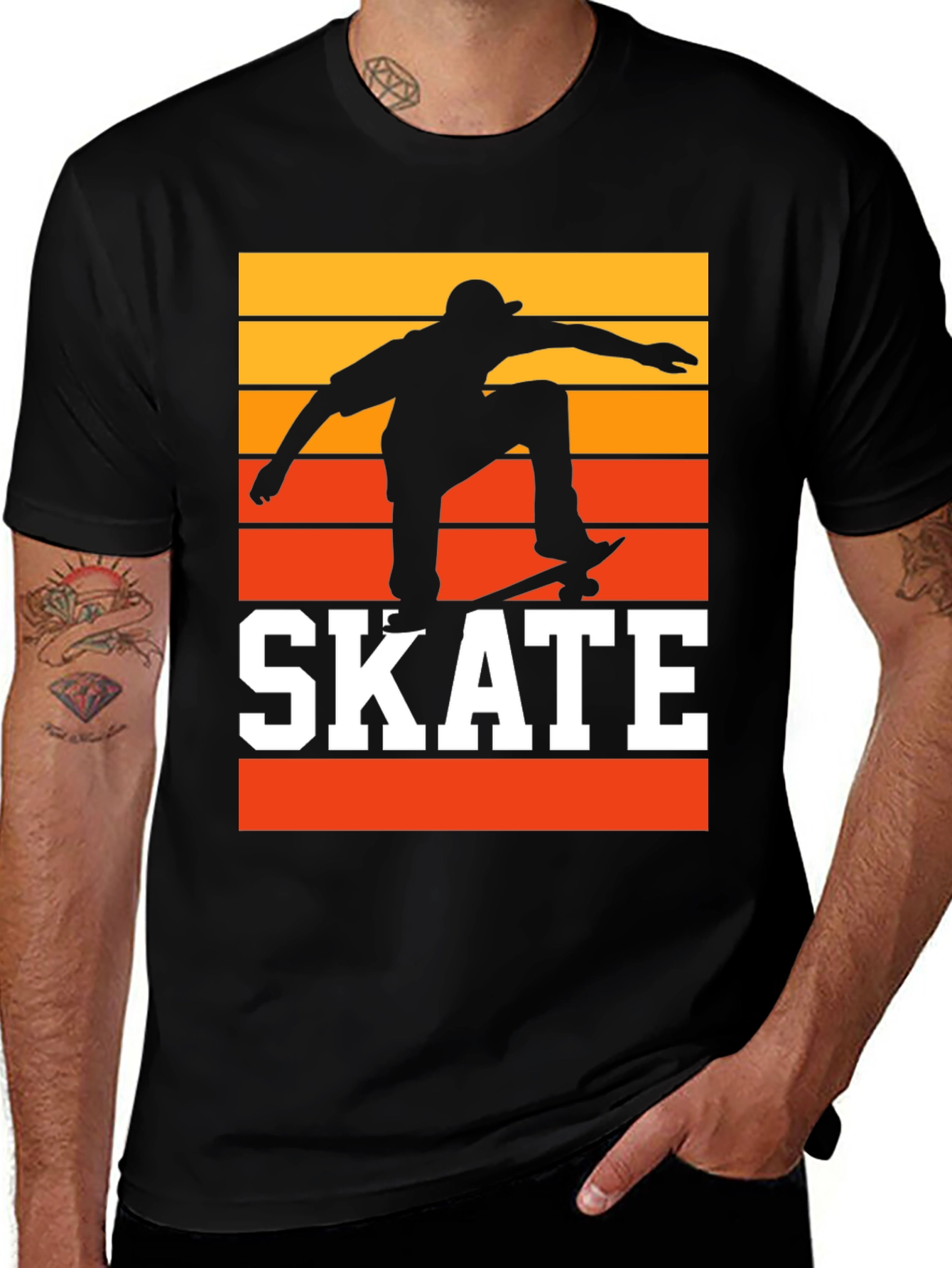 Black Retro Skateboarding T-Shirt - Sunset Skater Tee main image