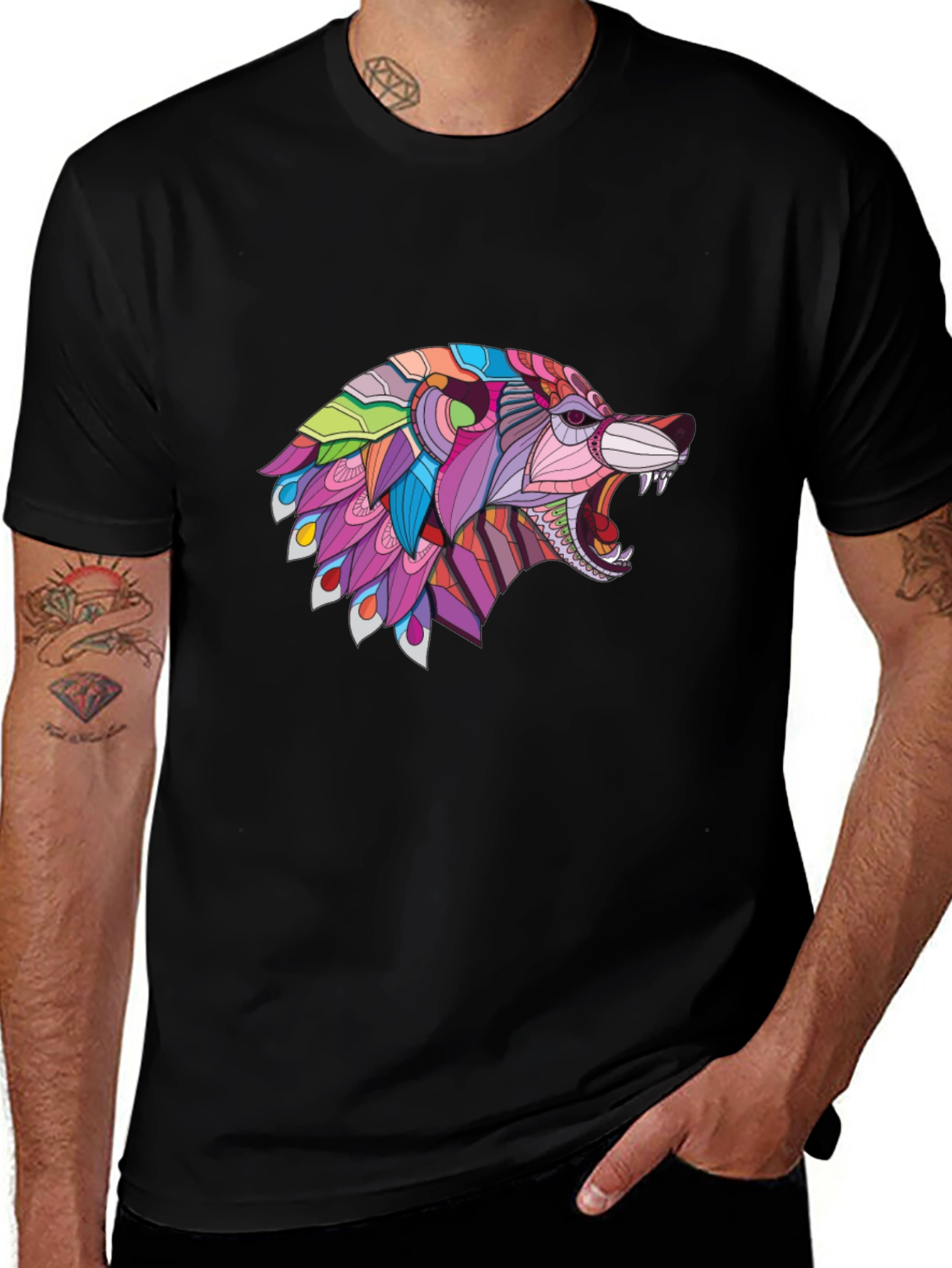 Variant 12 of Colorful Wolf Graphic Tee - Men's Black T-Shirt
