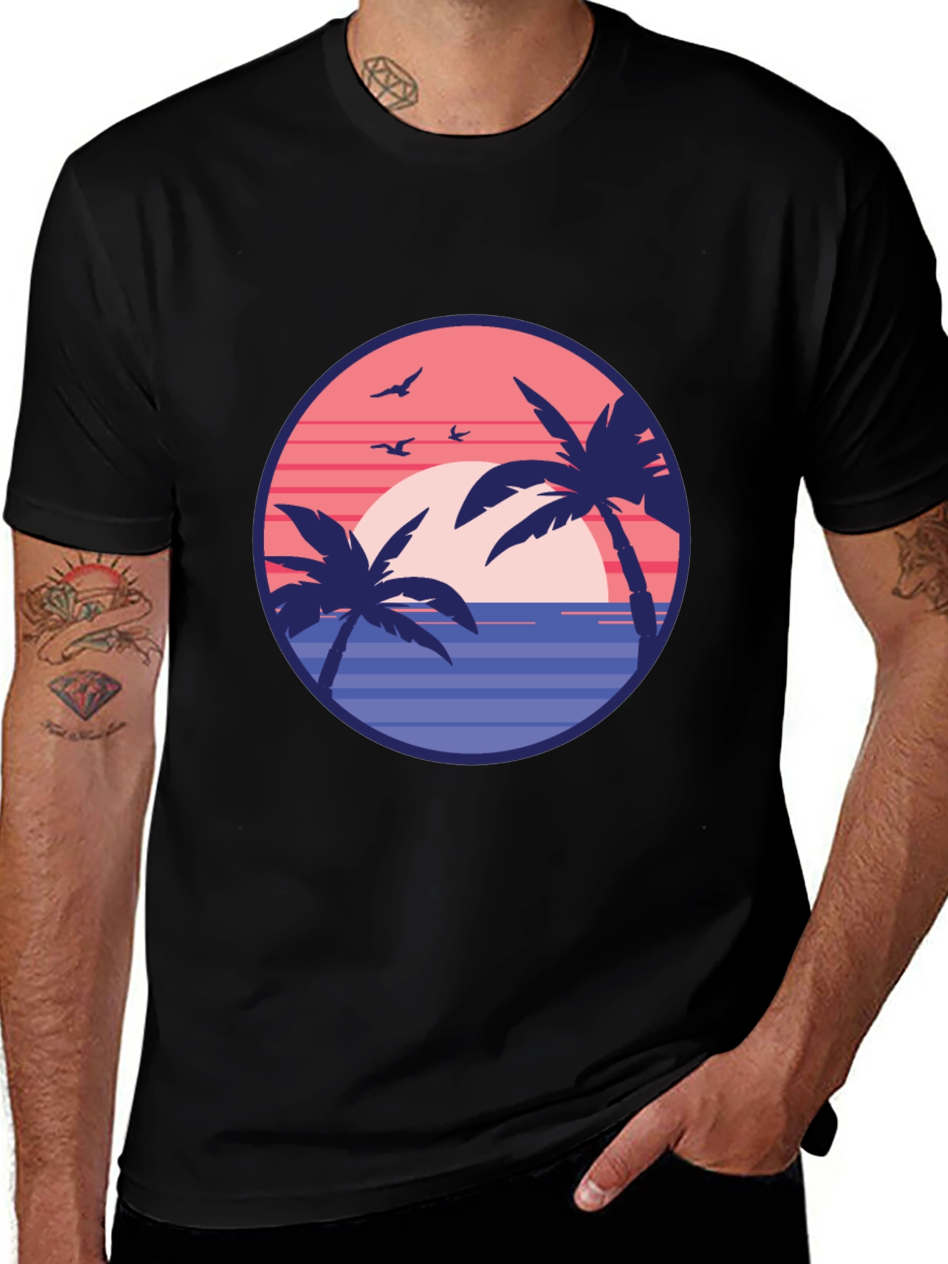 Variant 14 of Retro Sunset Palm Tree Graphic Tee - Black