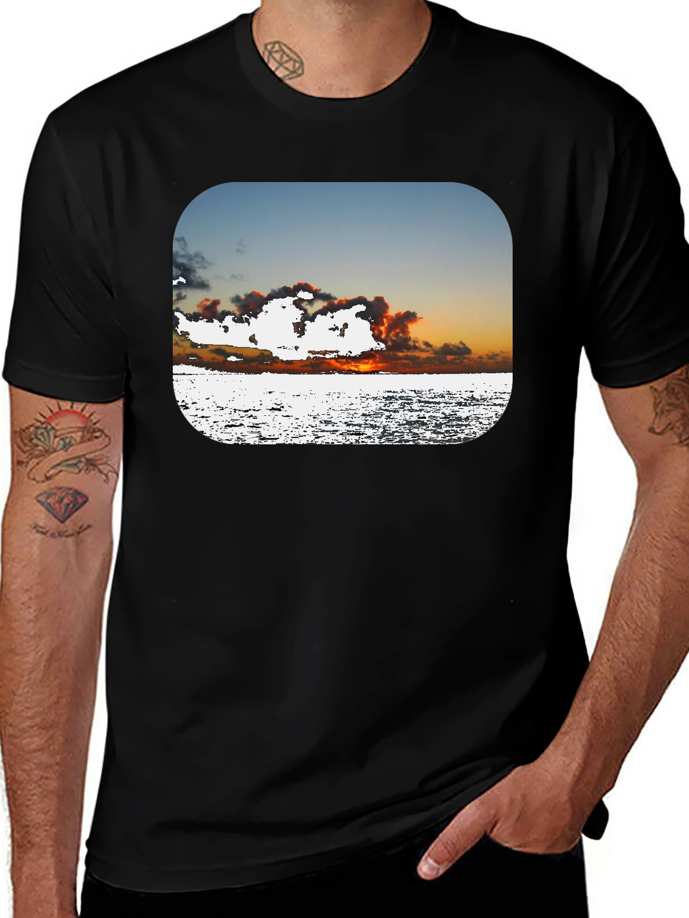 Variant 16 of Ocean Sunset Graphic Tee - Black Cotton Comfort