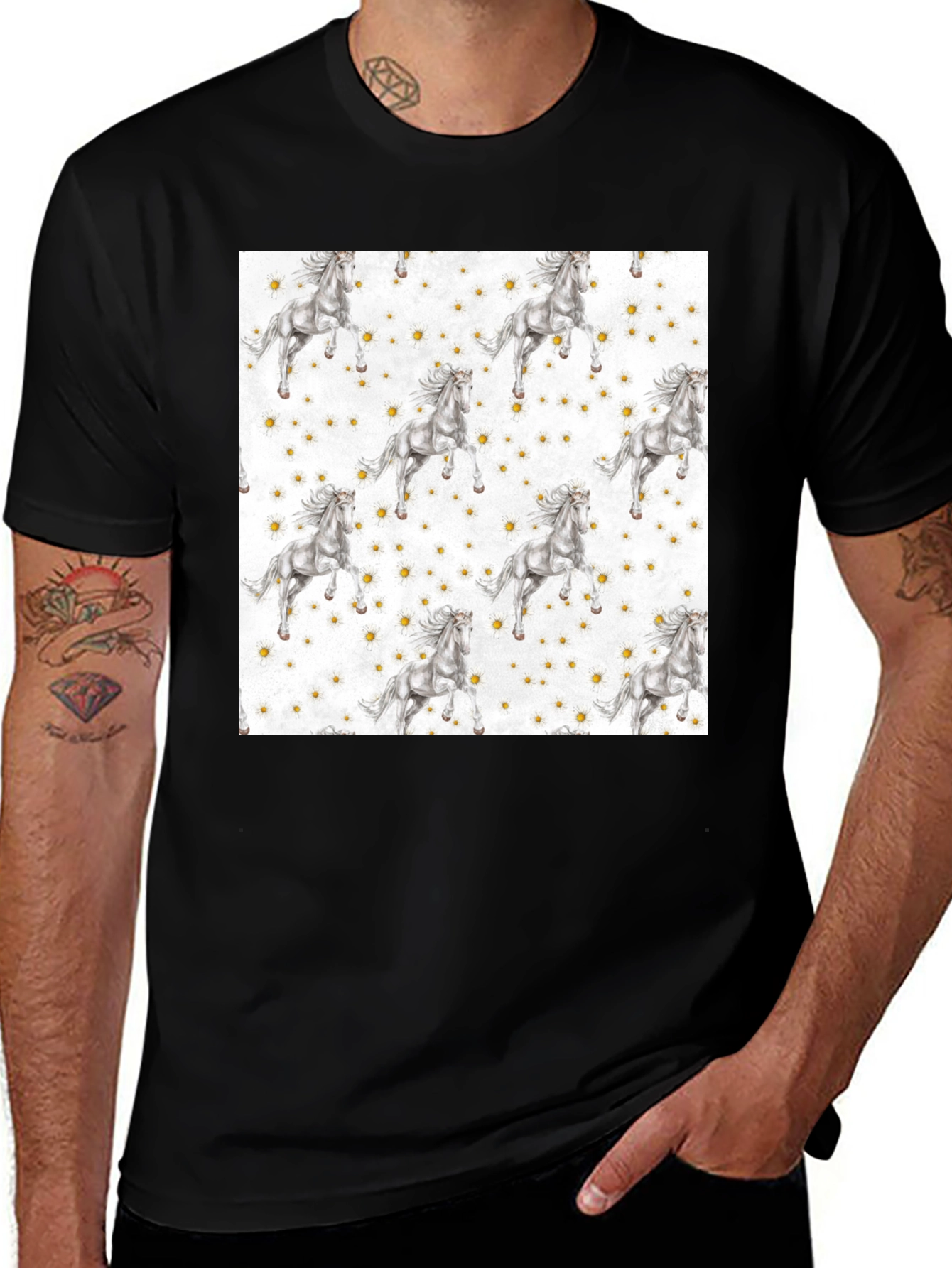Variant 7 of Unicorn Floral Pattern Black T-Shirt