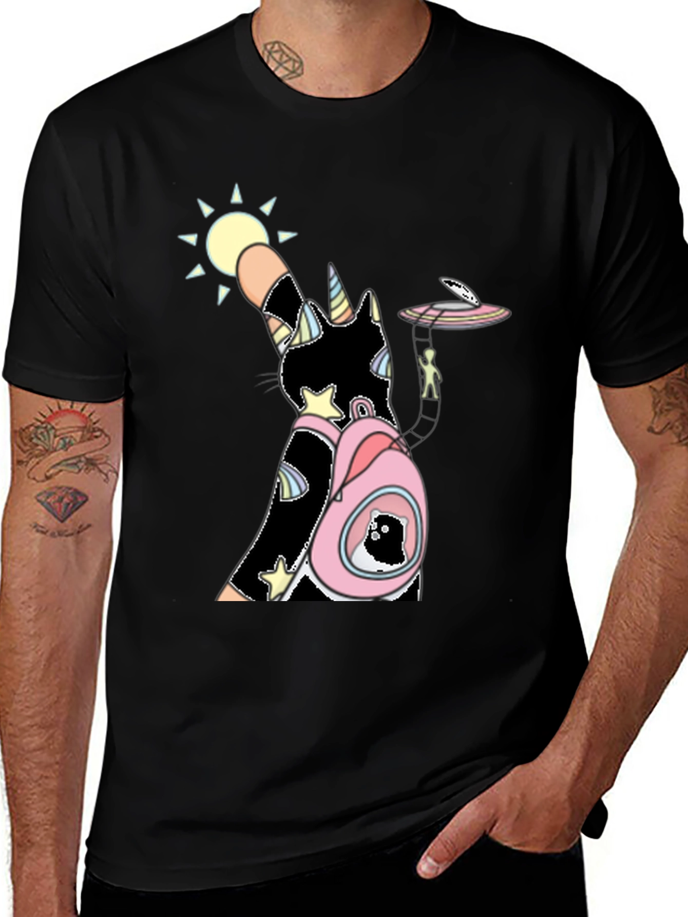 Variant 18 of Unicorn Cat Black T-Shirt with Backpack and Alien Scene